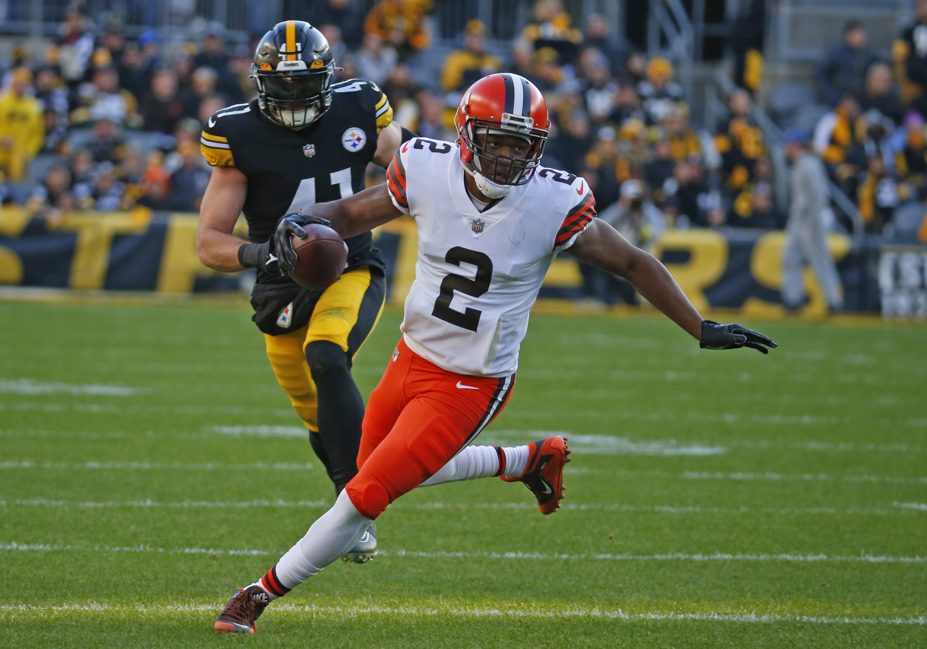 Amari Cooper #2 of the Cleveland Browns in action against the Pittsburgh Steelers on January 8, 2022 at Acrisure Stadium in Pittsburgh, Pennsylvania.