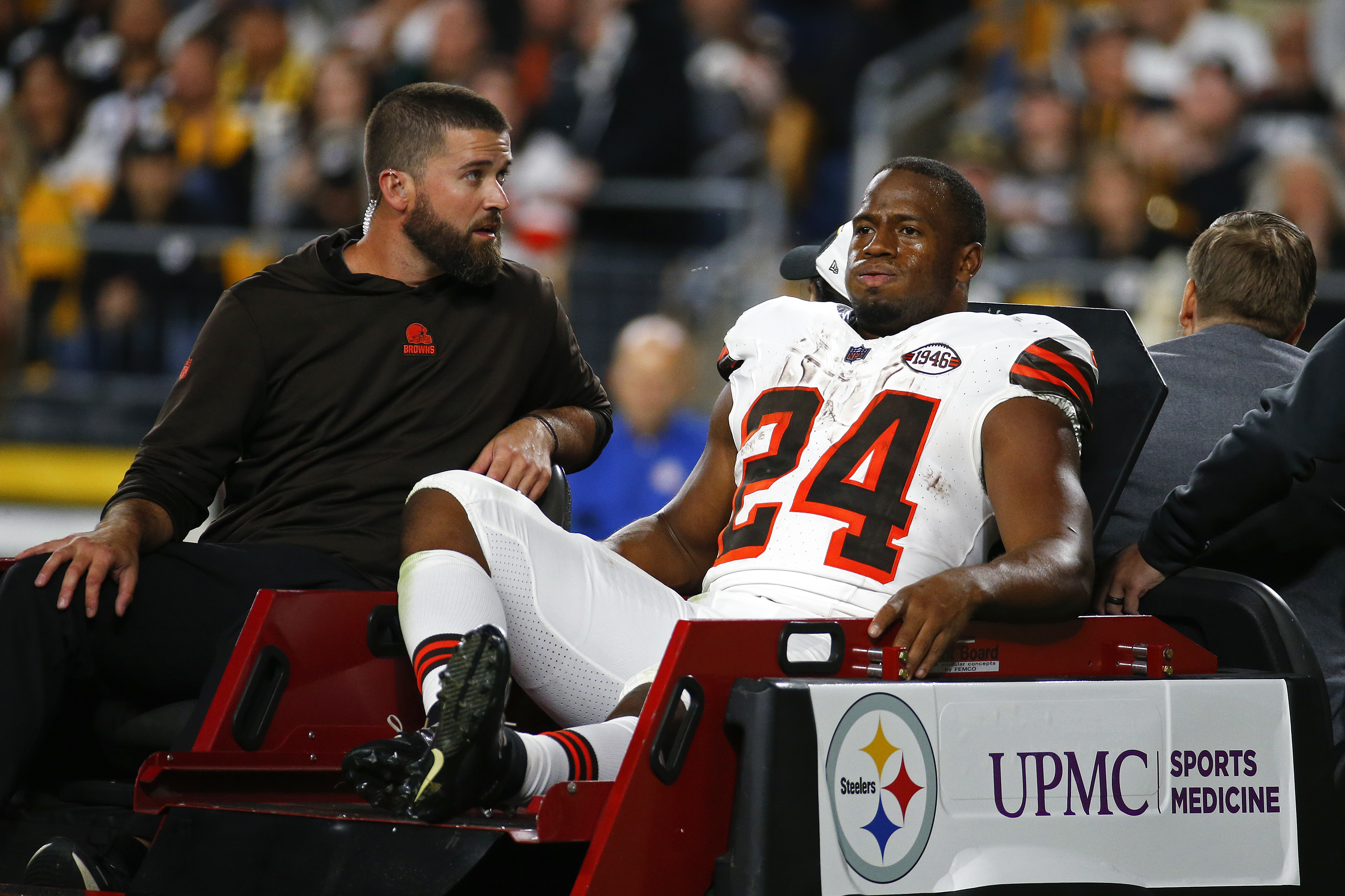 Nick Chubb of the Cleveland Browns is carted off the field after sustaining a knee injury during the second quarter against the Pittsburgh Steelers at Acrisure Stadium on September 18, 2023 in Pittsburgh, Pennsylvania.