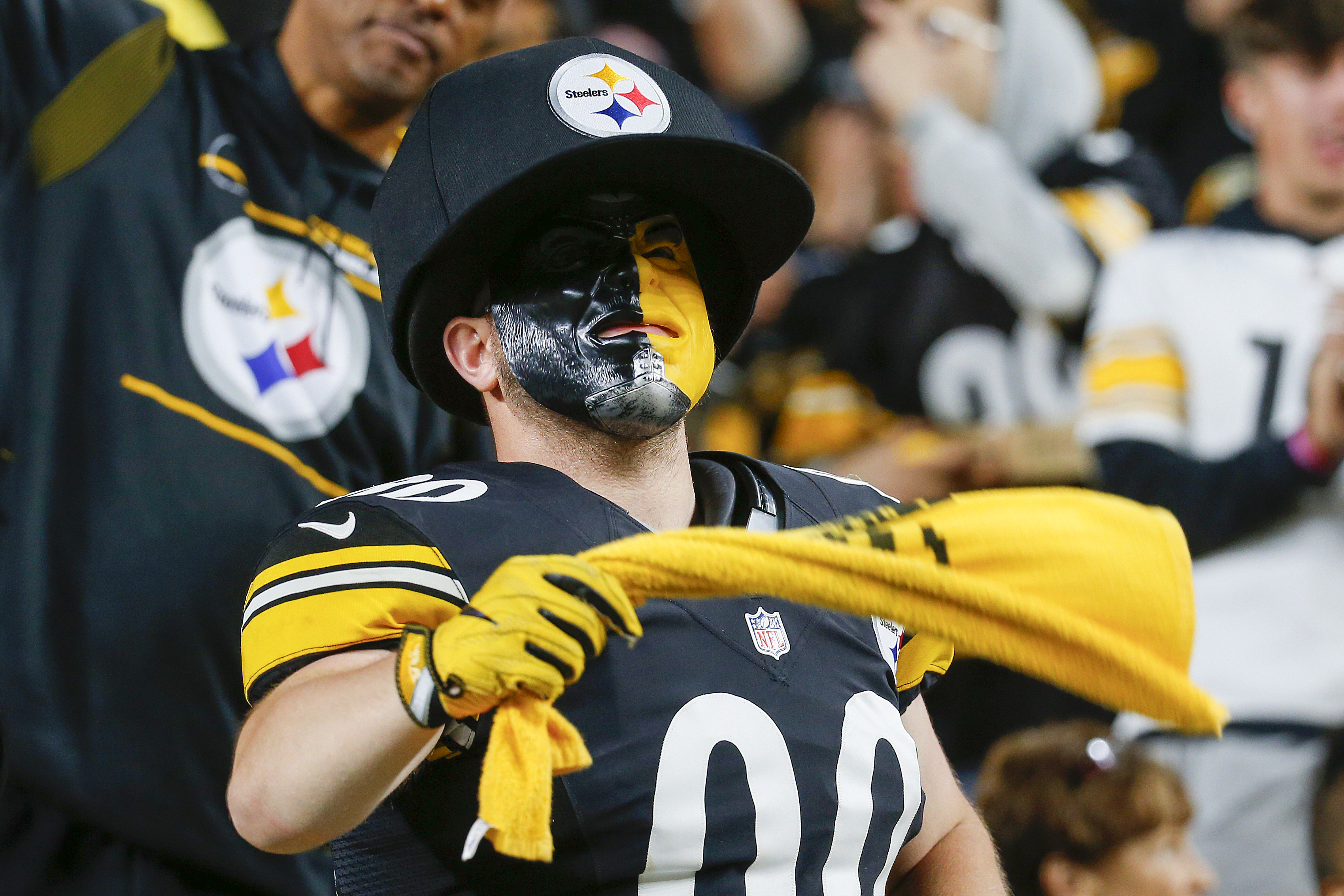 A Pittsburgh Steelers fan cheers on their team against the Cleveland Browns during the third quarter at Acrisure Stadium on September 18, 2023 in Pittsburgh, Pennsylvania.