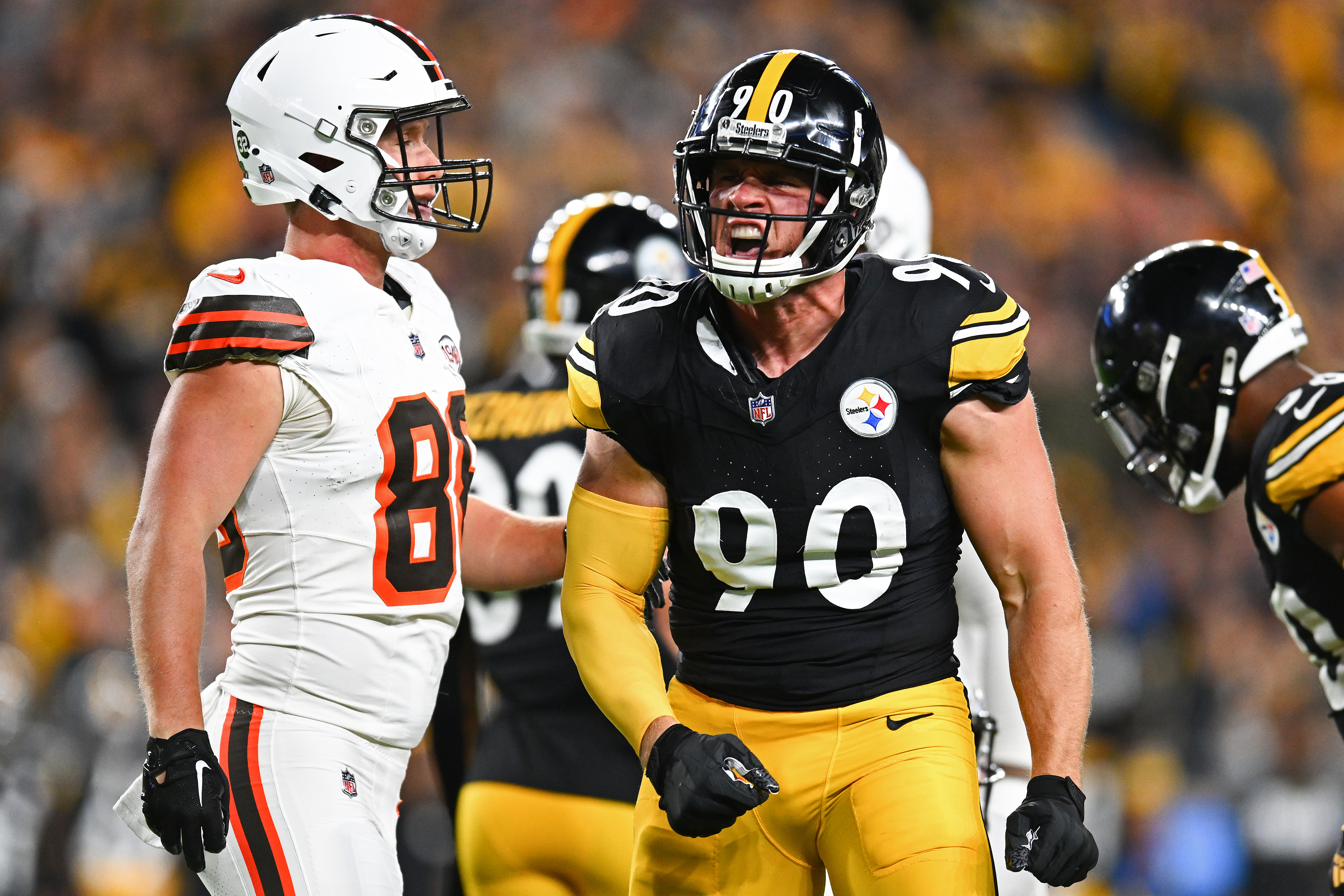 T.J. Watt #90 of the Pittsburgh Steelers celebrates a tackle against the Cleveland Browns during the first quarter at Acrisure Stadium on September 18, 2023 in Pittsburgh, Pennsylvania.