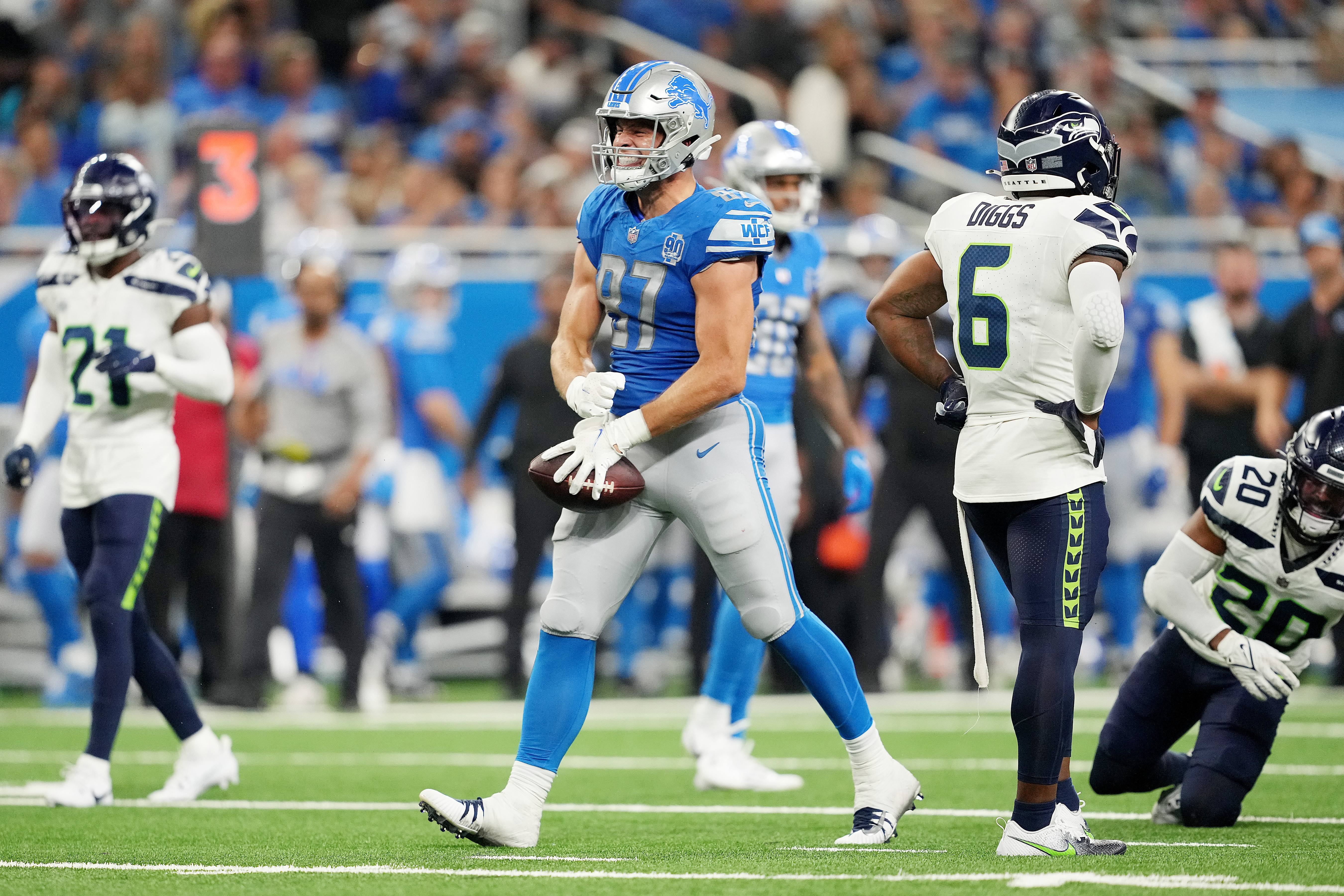 DETROIT, MICHIGAN - SEPTEMBER 17: Sam LaPorta #87 of the Detroit Lions reacts after a play during the fourth quarter in the game against the Seattle Seahawks at Ford Field on September 17, 2023 in Detroit, Michigan.