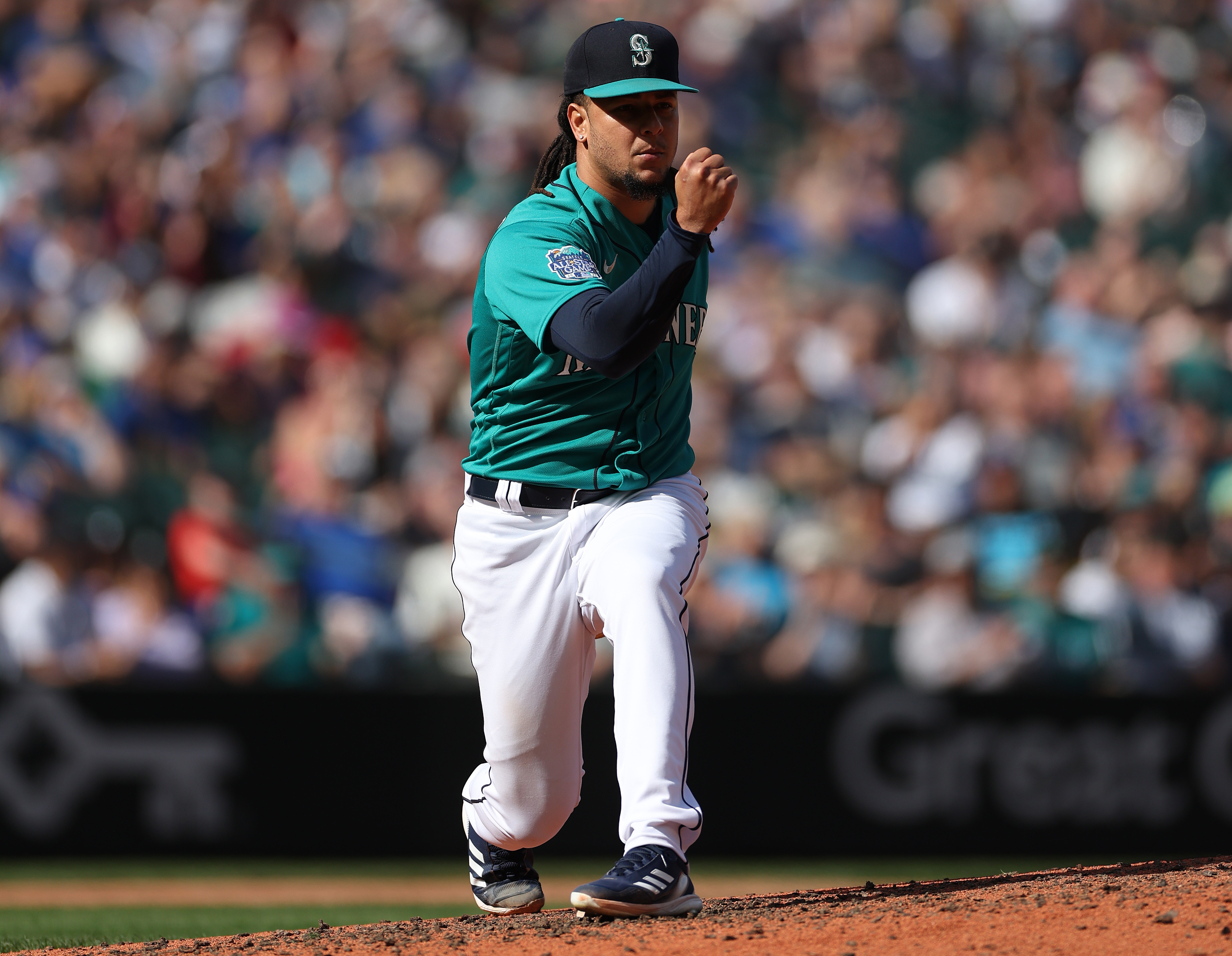 Luis Castillo of the Seattle Mariners reacts after a strikeout during the sixth inning against the Los Angeles Angels at T-Mobile Park on September 13, 2023 in Seattle, Washington.