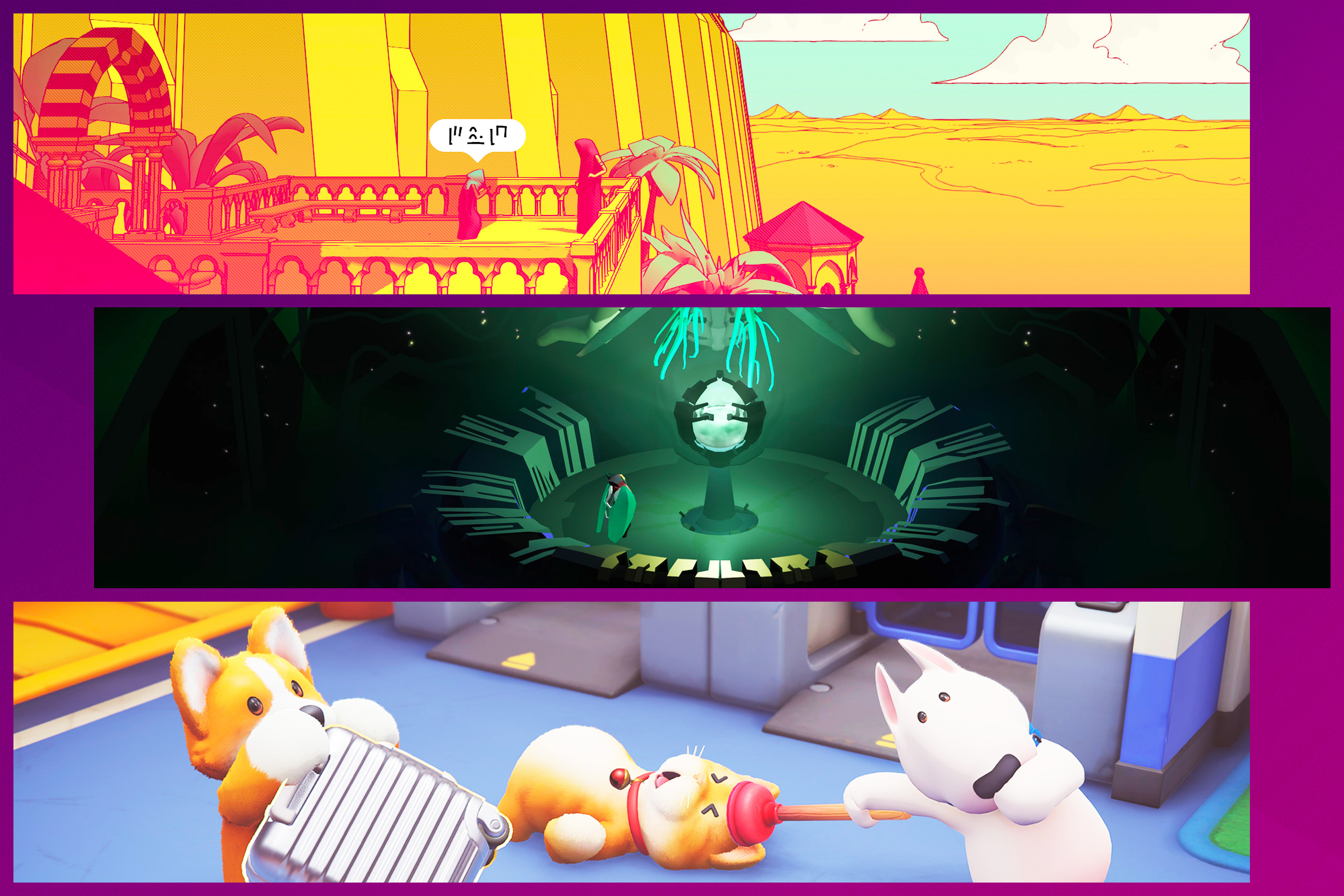 A graphic with three horizontal slices, each showing off a game. The first is a screenshot of Chants of Sennaar, the second is one of Cocoon, and the third picture is from Party Animals.