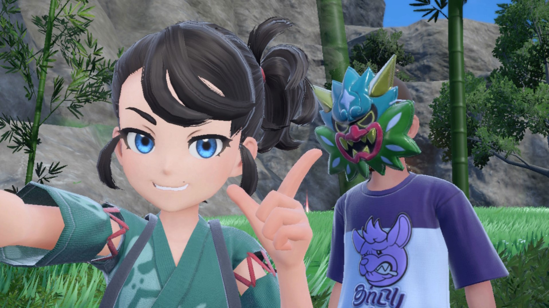 A Pokémon trainer takes a selfie with an Ogre Clan member in Pokémon Scarlet and Violet