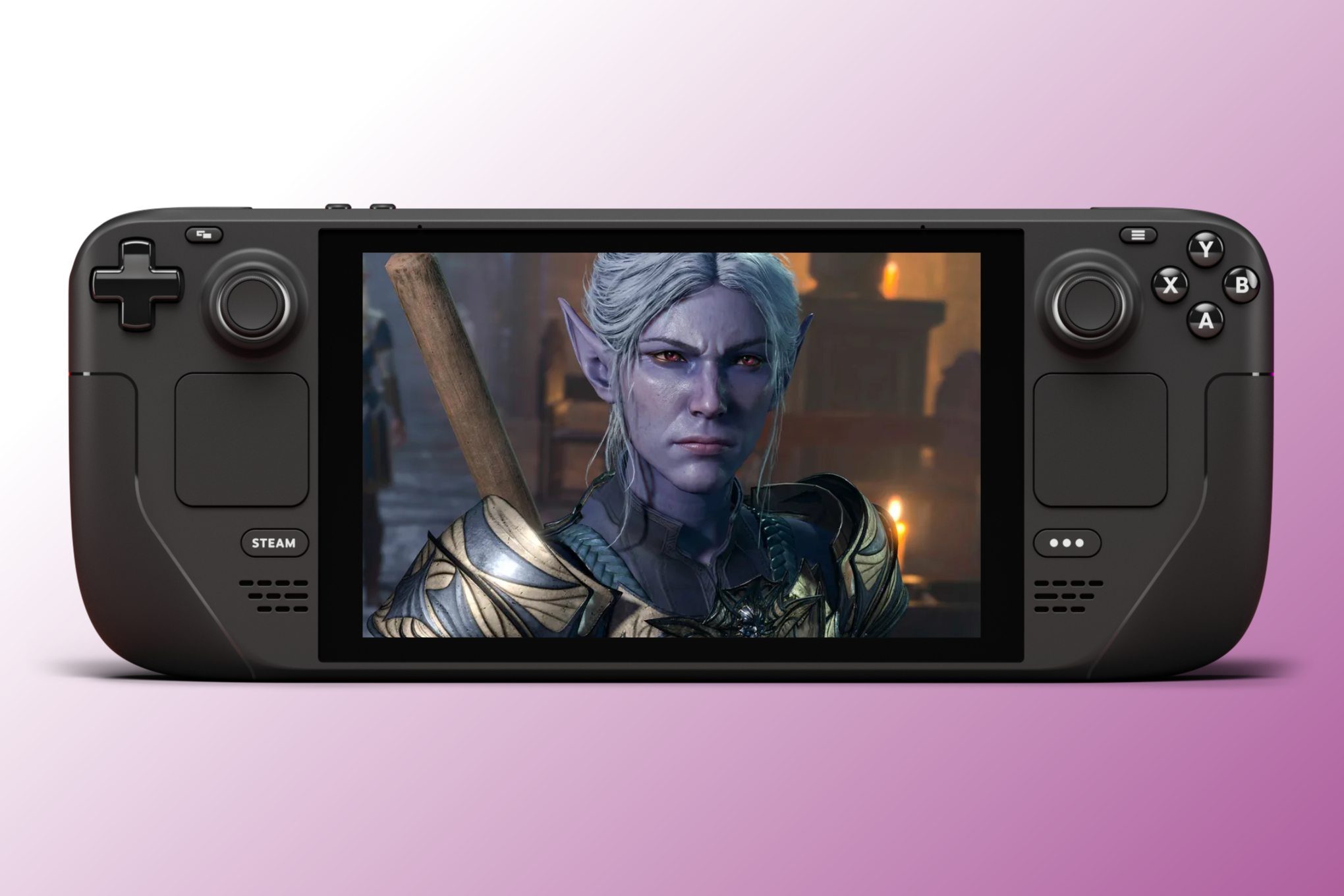A picture of a Steam Deck console laid over a white and light purple gradient background. On its screen is a photo of Baldur’s Gate 3 imposed on it.