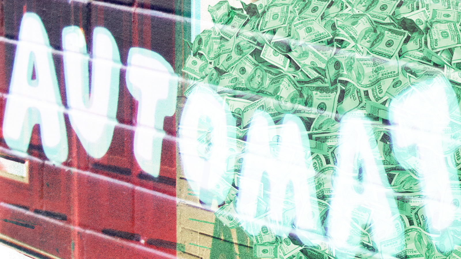 Overlaid images of money behind a sign that reads “Automat.”