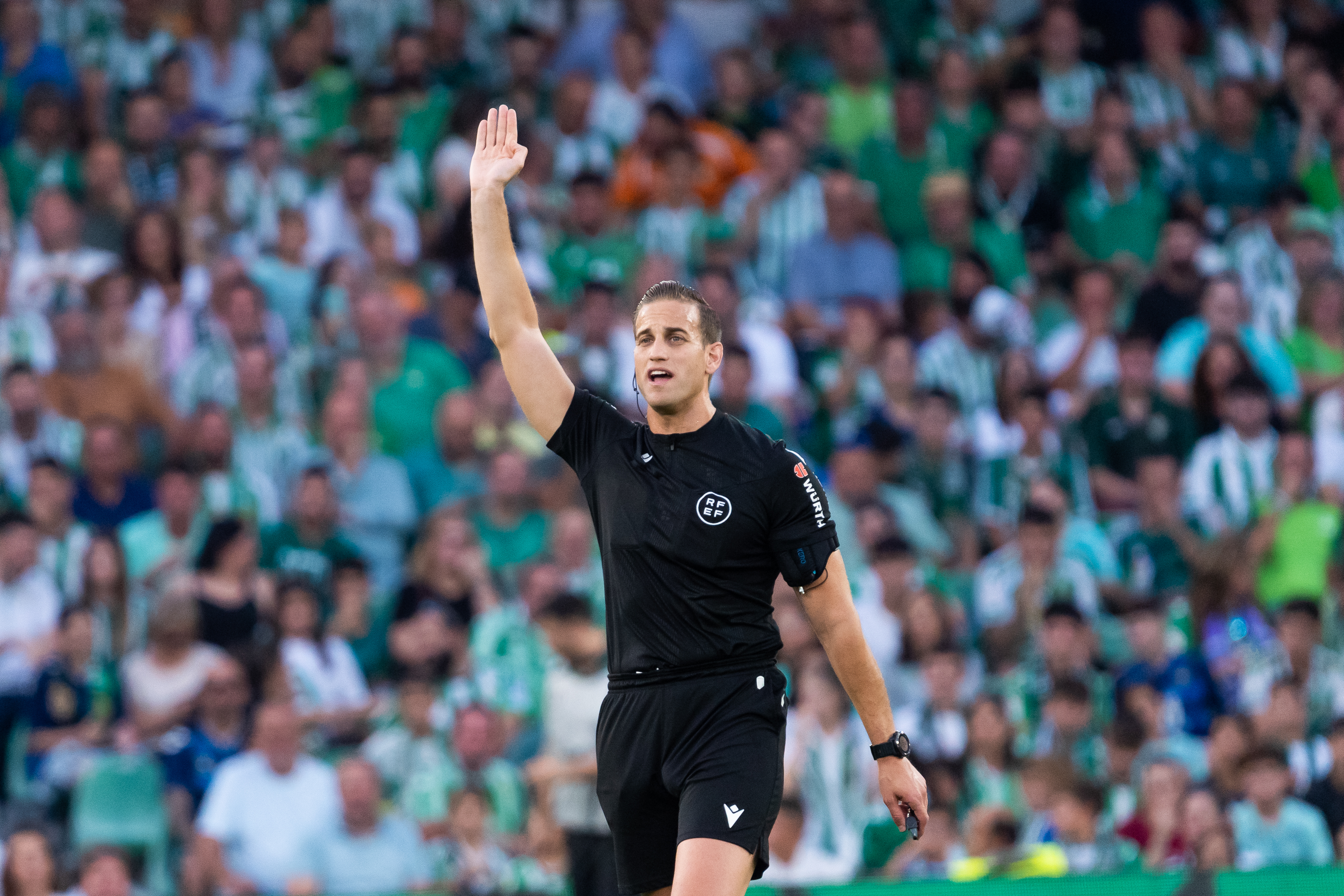 Referee Javier Alberola Rojas makes a gesture during the La...