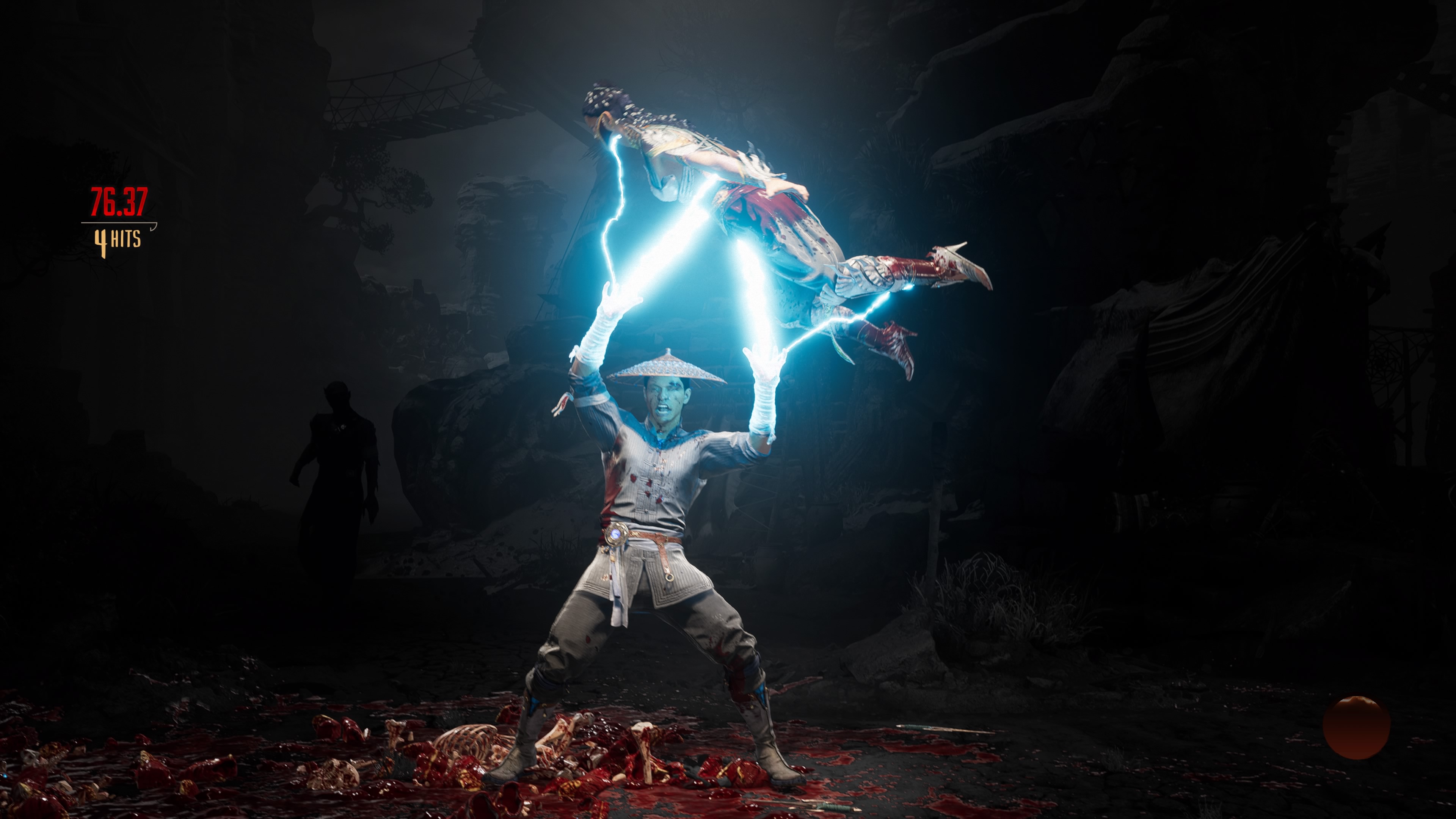 Raiden lifts another player over his head using lightning in Mortal Kombat 1
