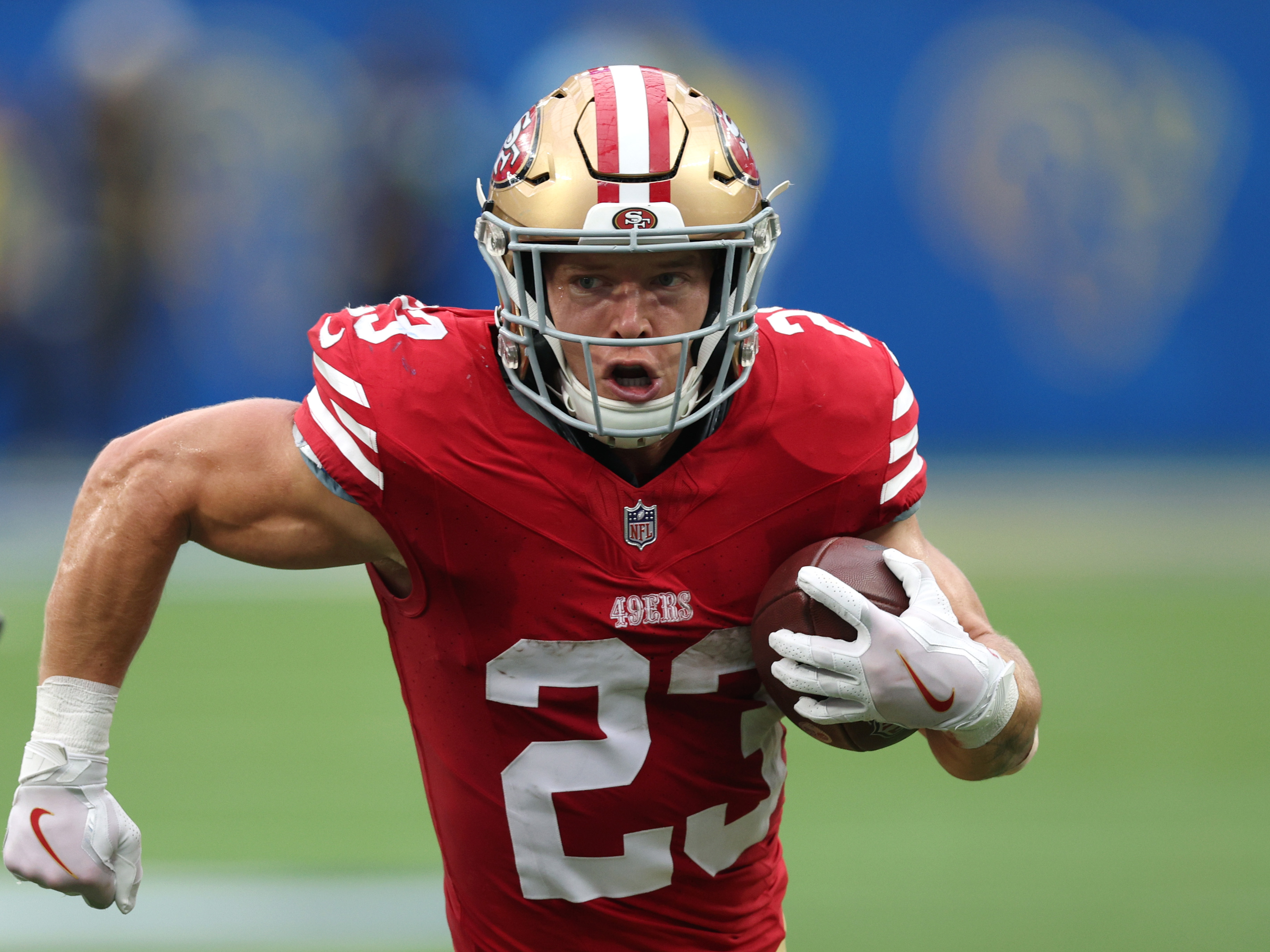 INGLEWOOD, CALIFORNIA - SEPTEMBER 17: Christian McCaffrey #23 of the San Francisco 49ers on a run during a 30-23 49ers win over the Los Angeles Rams at SoFi Stadium on September 17, 2023 in Inglewood, California.
