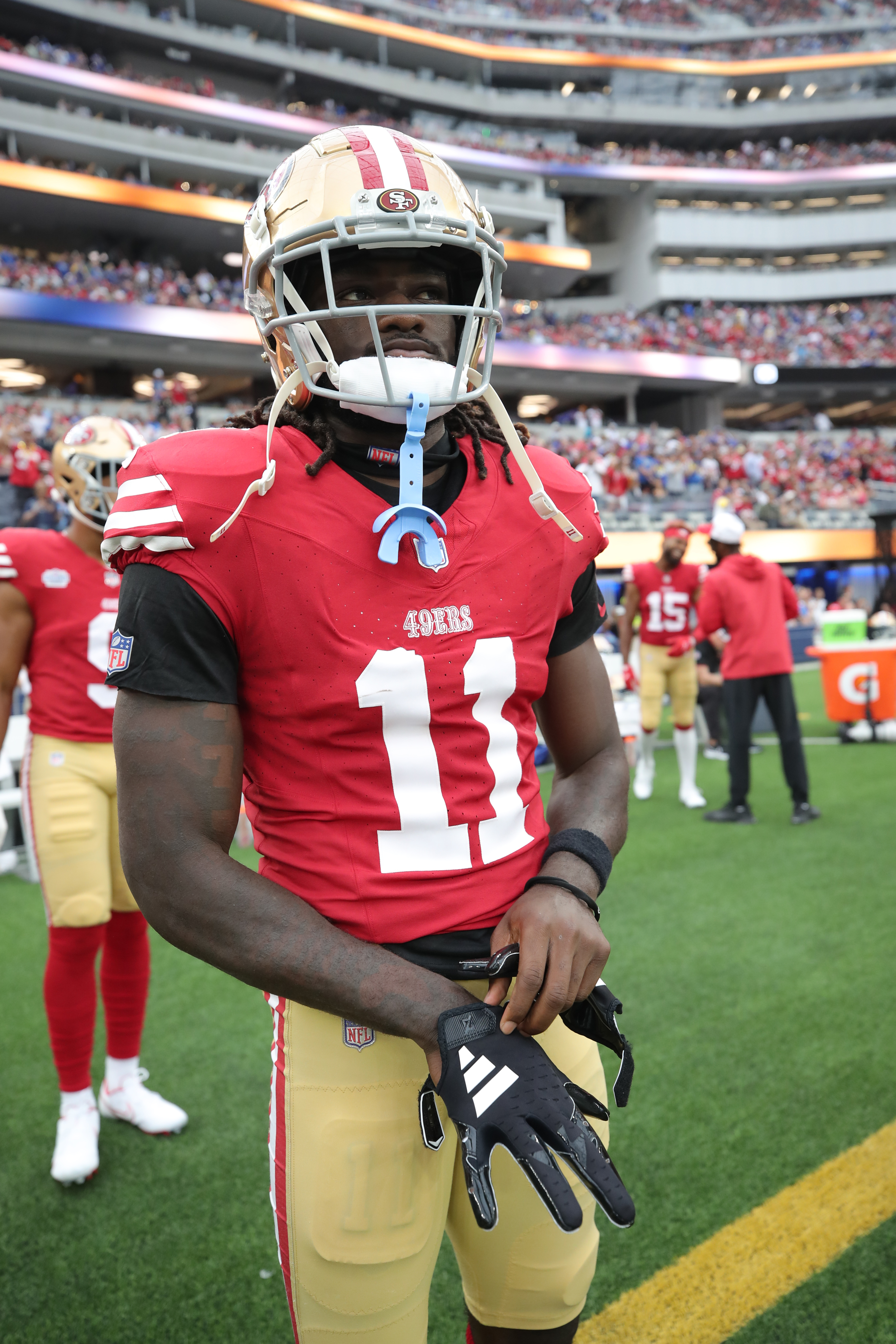 Brandon Aiyuk #11 of the San Francisco 49ers on the sideline before the game against the Los Angeles Rams at SoFi Stadium on September 17, 2023 in Inglewood, California.
