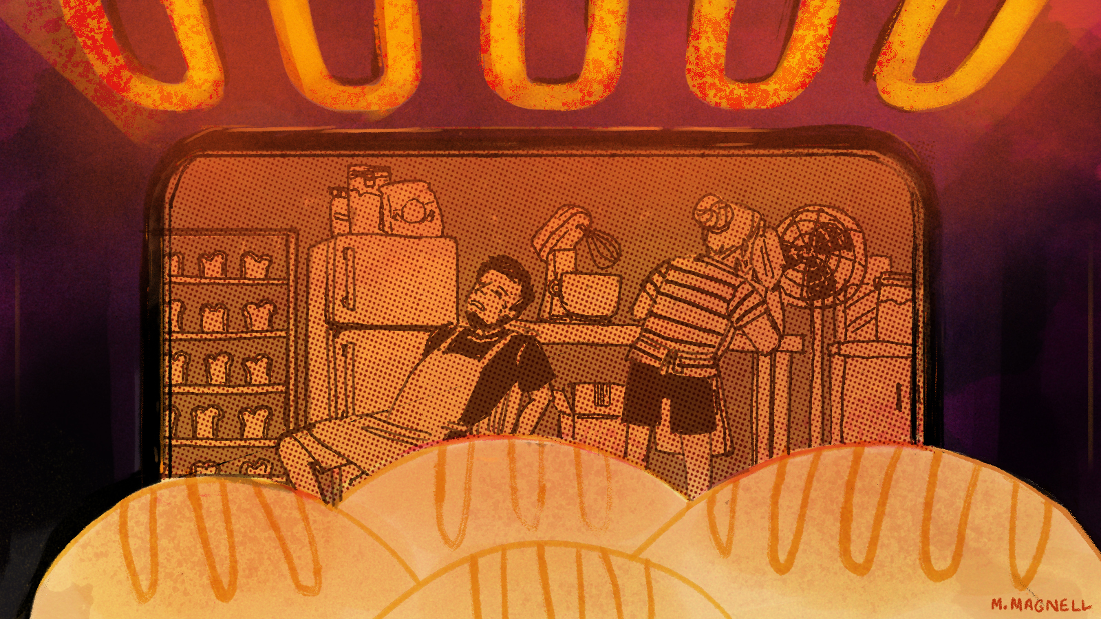 Bread bakes in a red-hot oven. Through the oven door we see bakers sweating in the heat. Illustration.