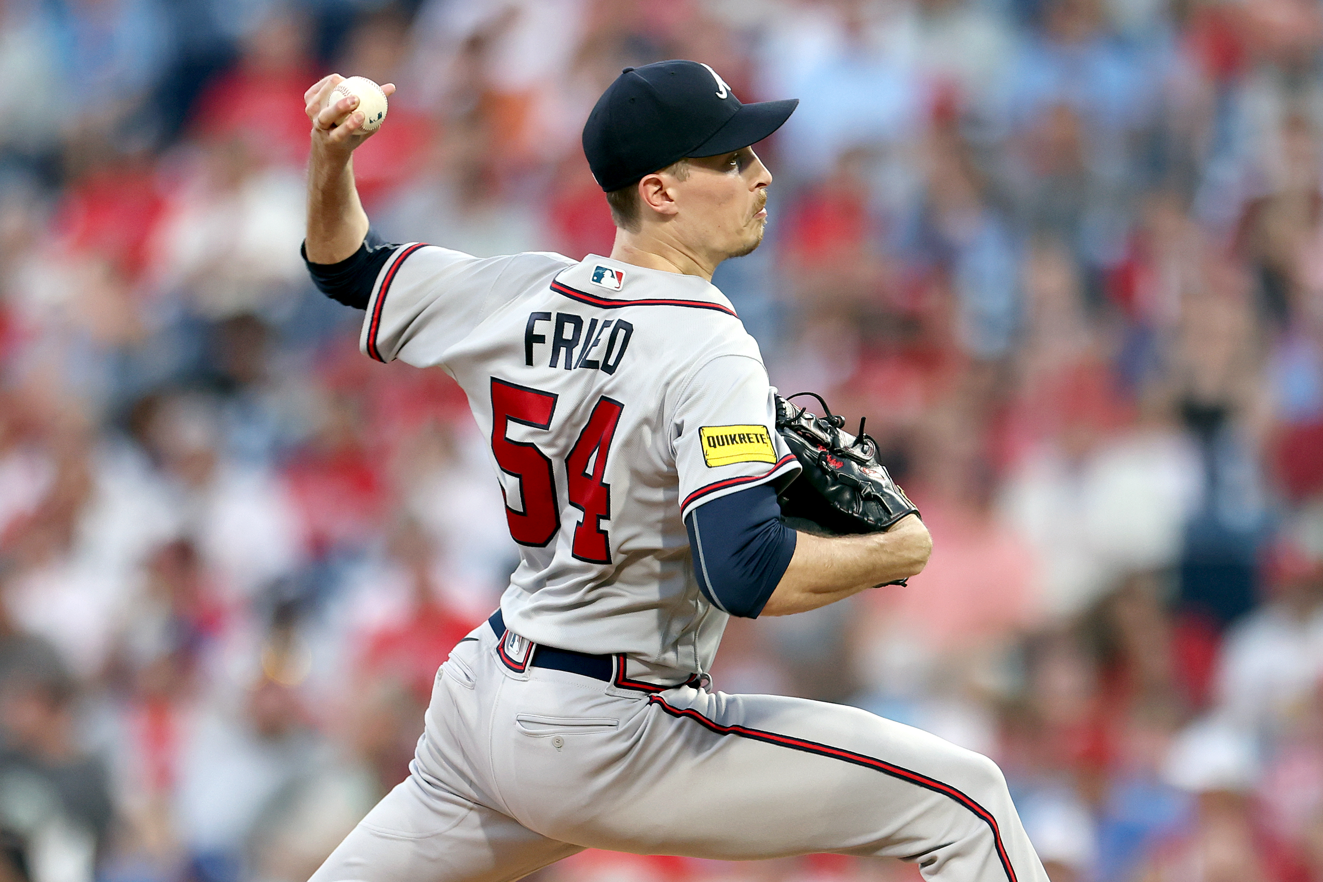 Max Fried of the Atlanta Braves pitches during the first inning against the Philadelphia Phillies at Citizens Bank Park on September 12, 2023 in Philadelphia, Pennsylvania.