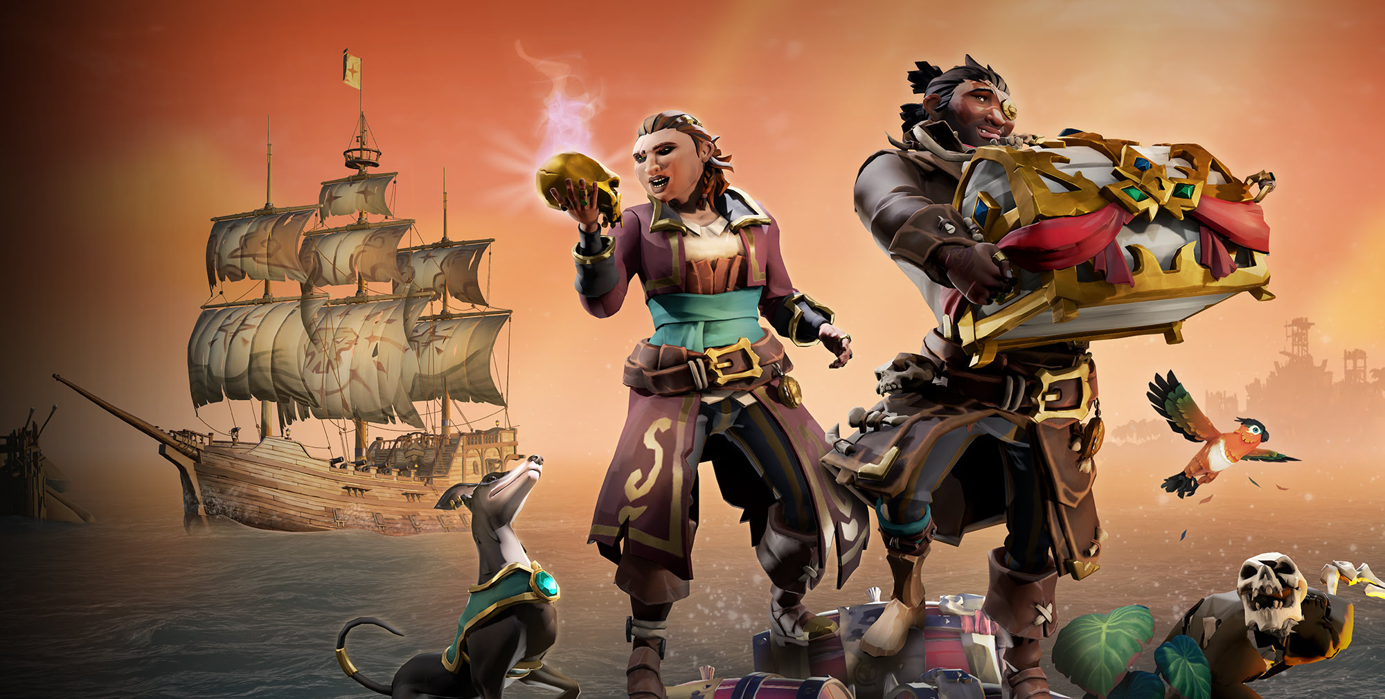 A pair of Sea of Thieves pirate smugly regard the treasure they’ve accumulated across their journey. Their pets are in the frame, including a parrot and a pooch. A bone shaded ship is in the background awaiting their return.