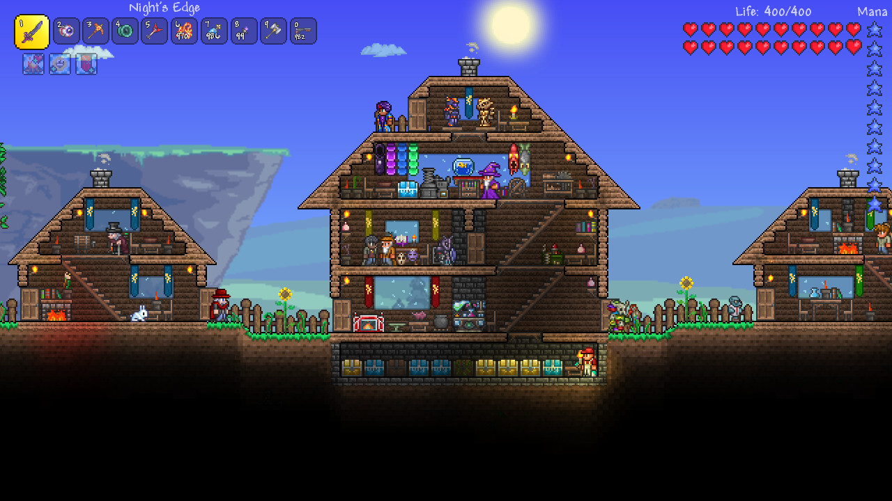 A screenshot taking from Terraria. It shows a multilevel house filled with characters. It has a brightly colored pixelated artstyle. 
