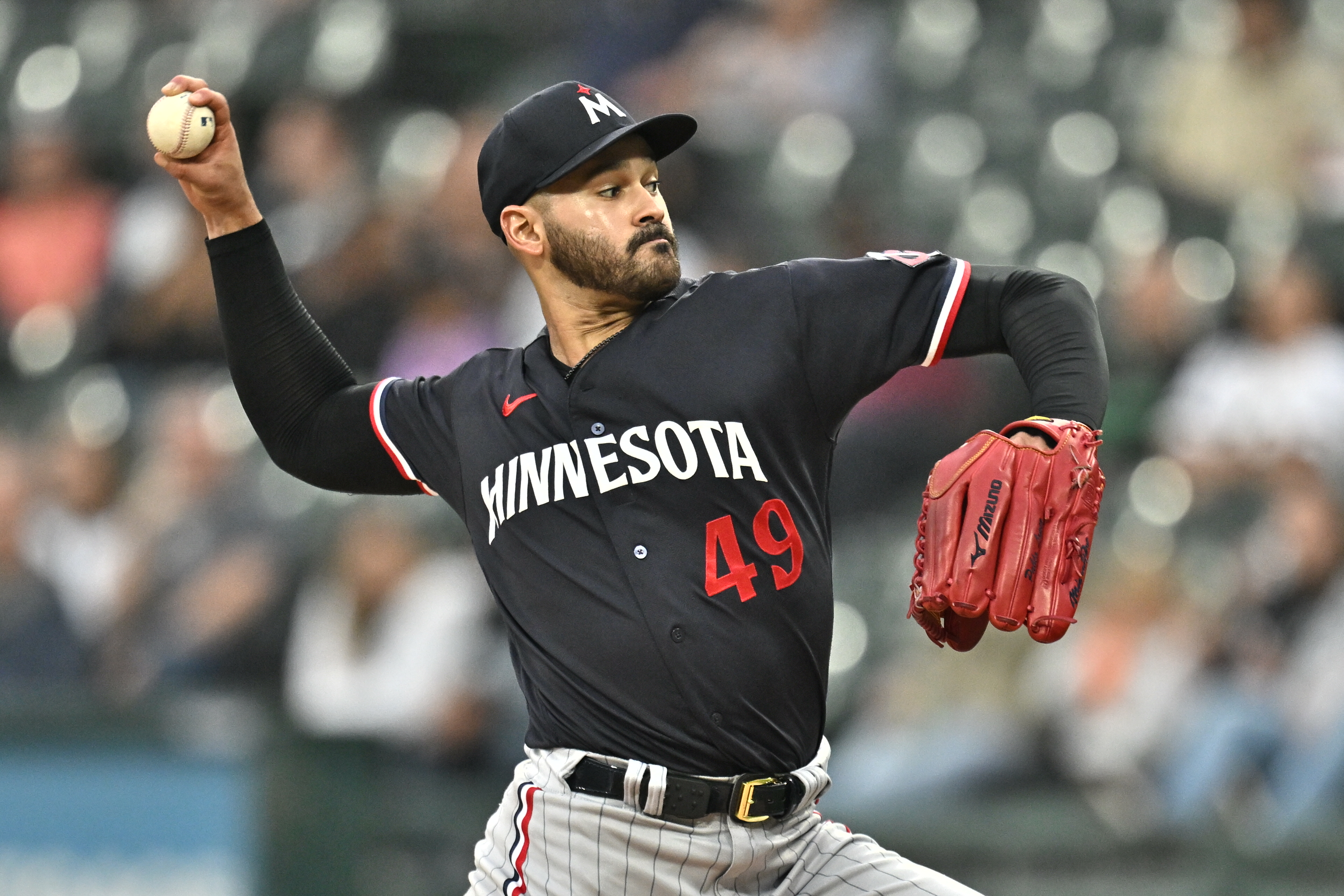 Starting pitcher Pablo Lopez of the Minnesota Twins pitches in the first inning against the Chicago White Sox at Guaranteed Rate Field on September 16, 2023 in Chicago, Illinois.