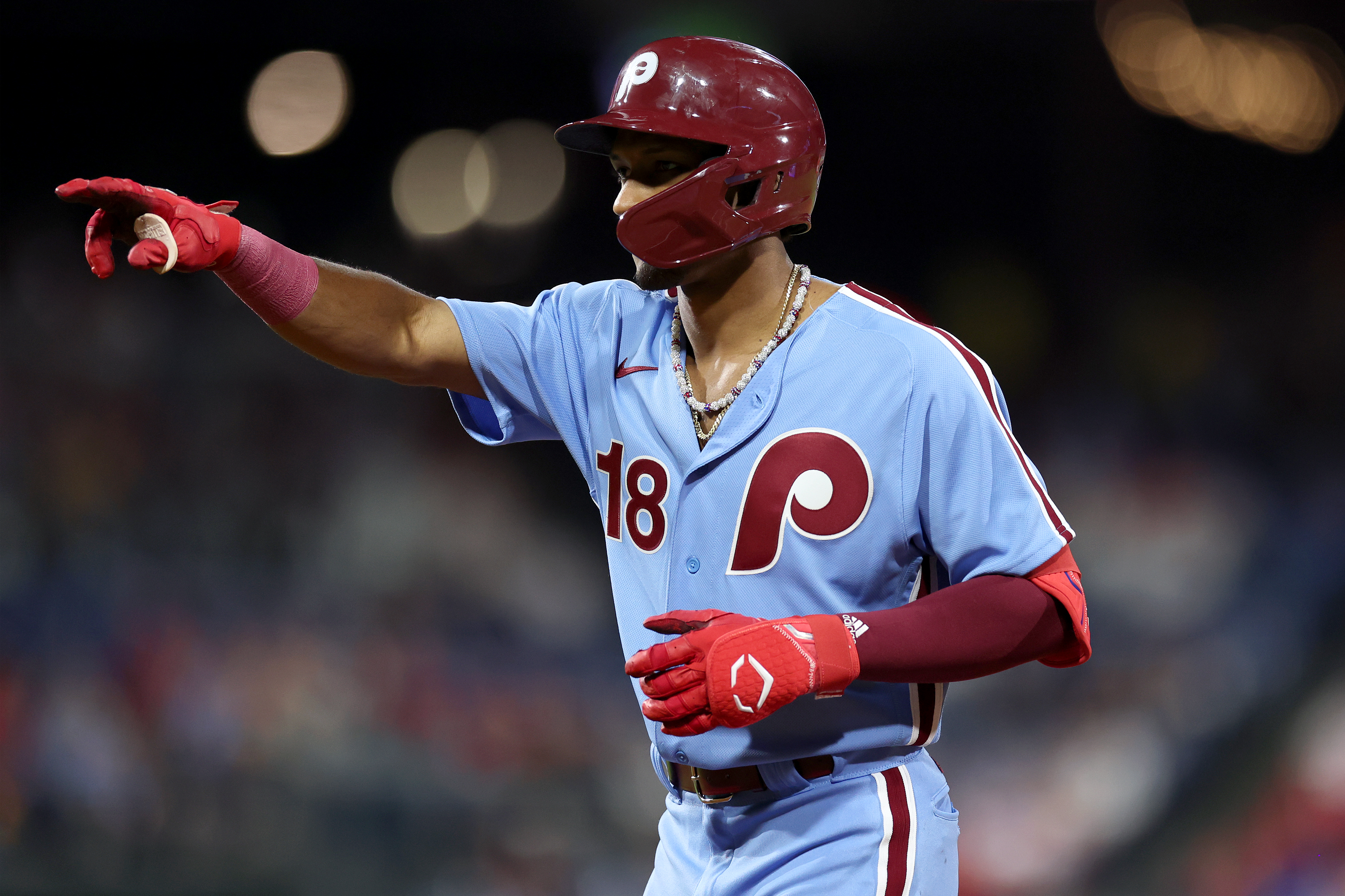 Johan Rojas of the Philadelphia Phillies reacts after hitting a single during the sixth inning against the New York Mets at Citizens Bank Park on September 21, 2023 in Philadelphia, Pennsylvania.