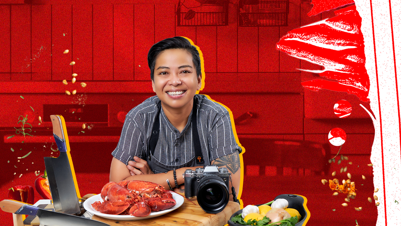 Portrait of Louiie Victa posing with a camera and a cooked lobster.