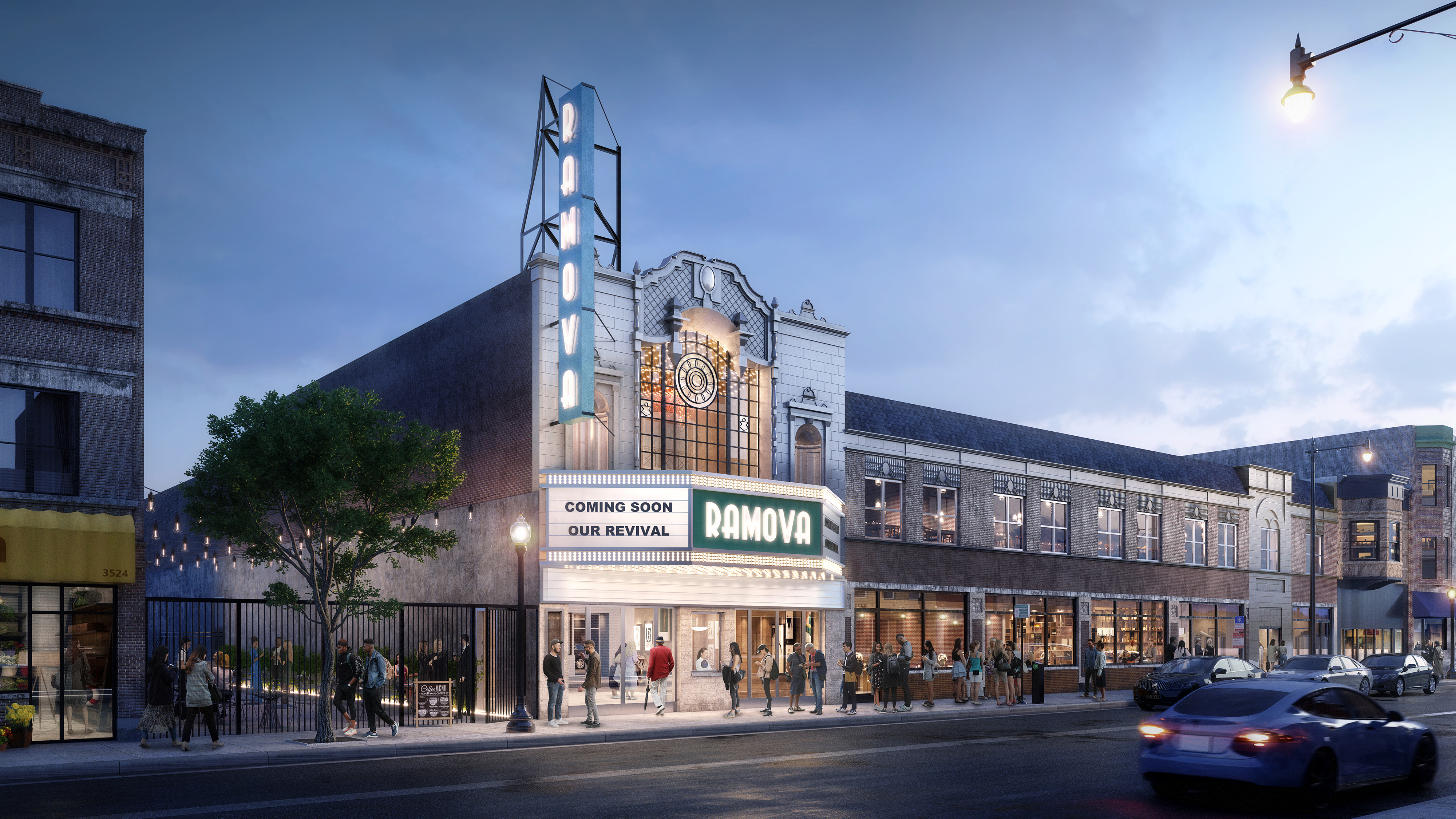 A CGI rendering of the Ramova Theater with a marquee reading “Coming Soon Our Revival.”