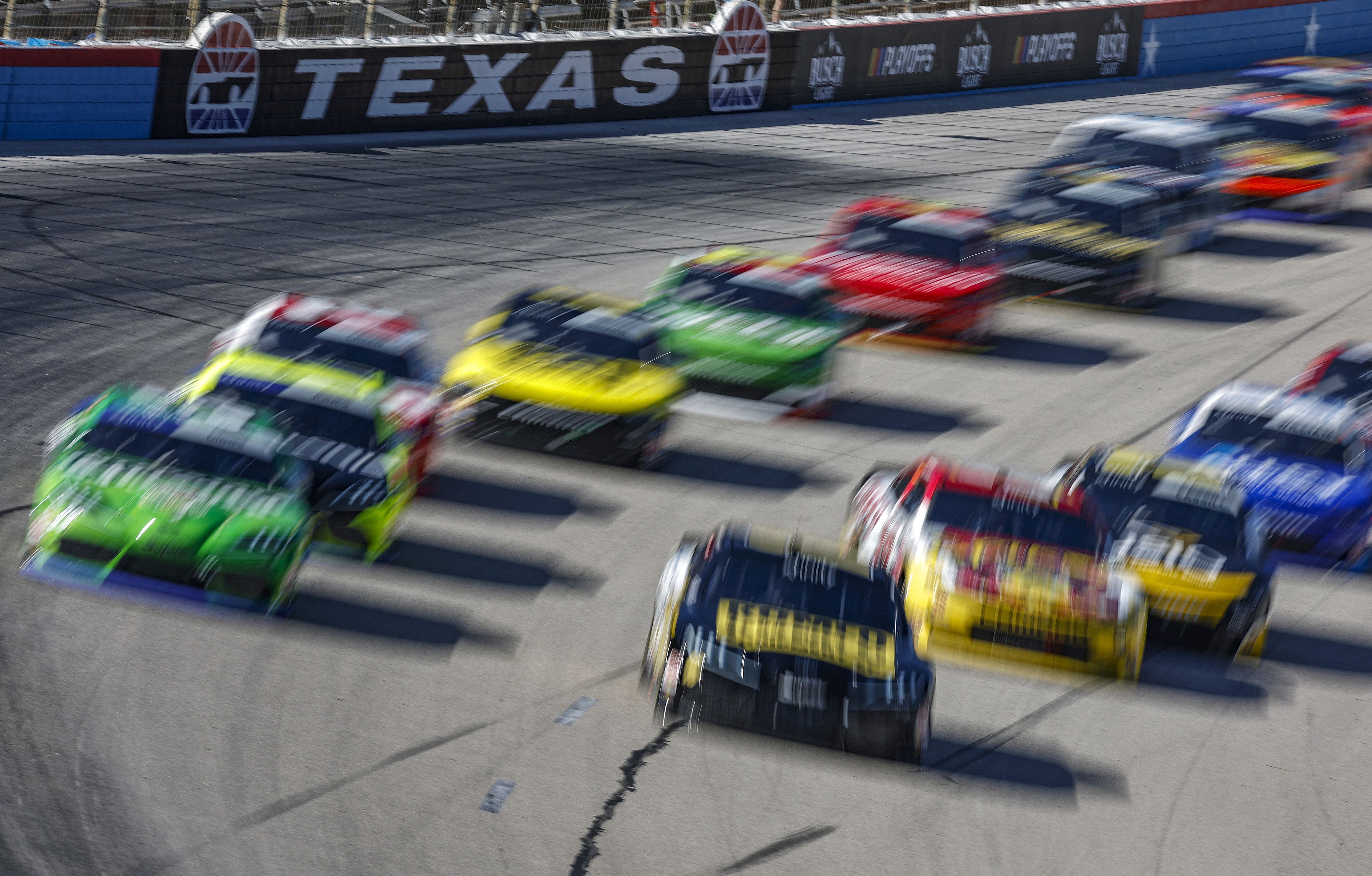 A general view of racing during the NASCAR Xfinity Series Andy’s Frozen Custard 300 at Texas Motor Speedway on September 24, 2022 in Fort Worth, Texas.