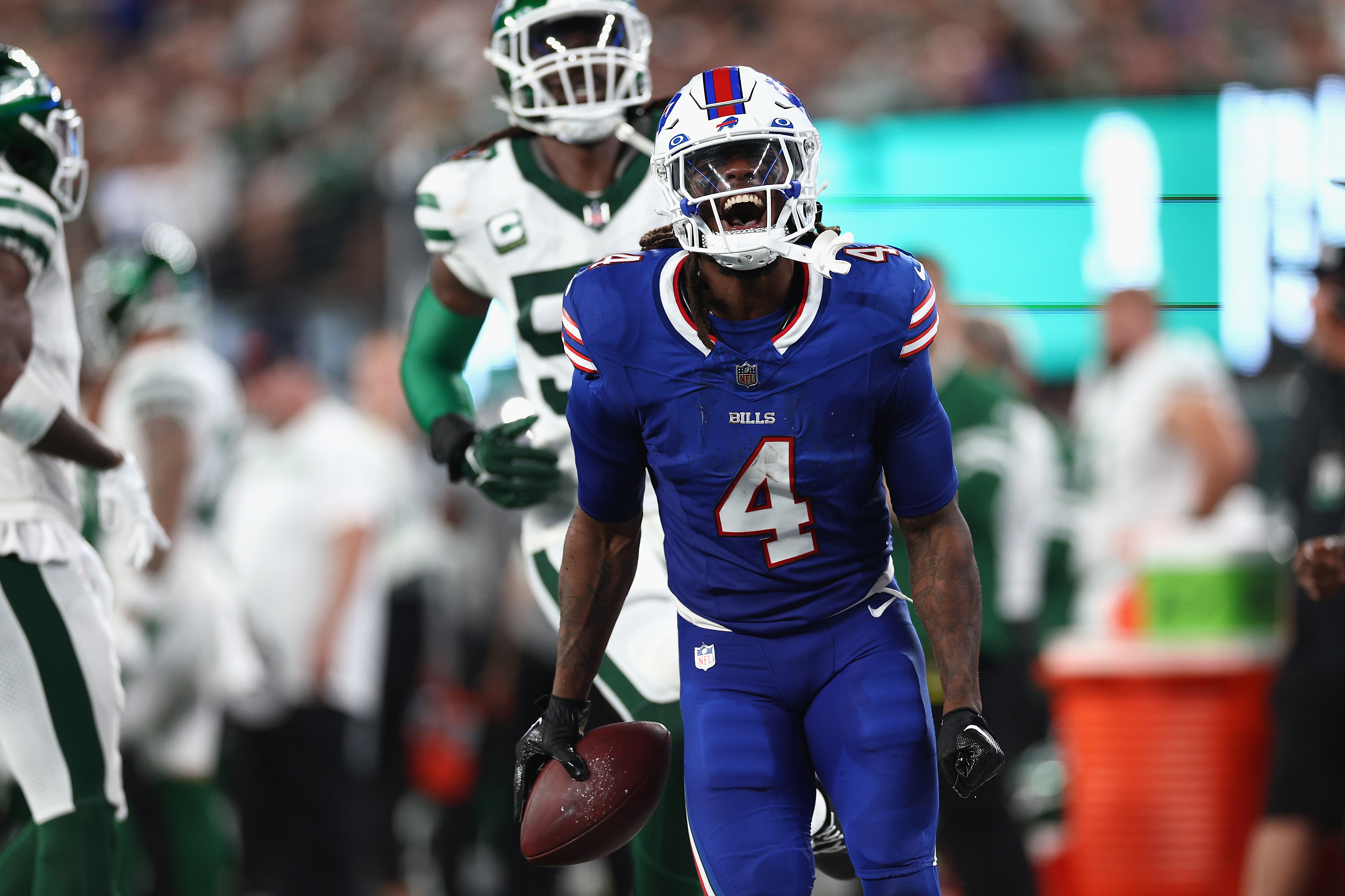 Running back James Cook #4 of the Buffalo Bills celebrates after a rush against the New York Jets during the second quarter of the NFL game at MetLife Stadium on September 11, 2023 in East Rutherford, New Jersey.