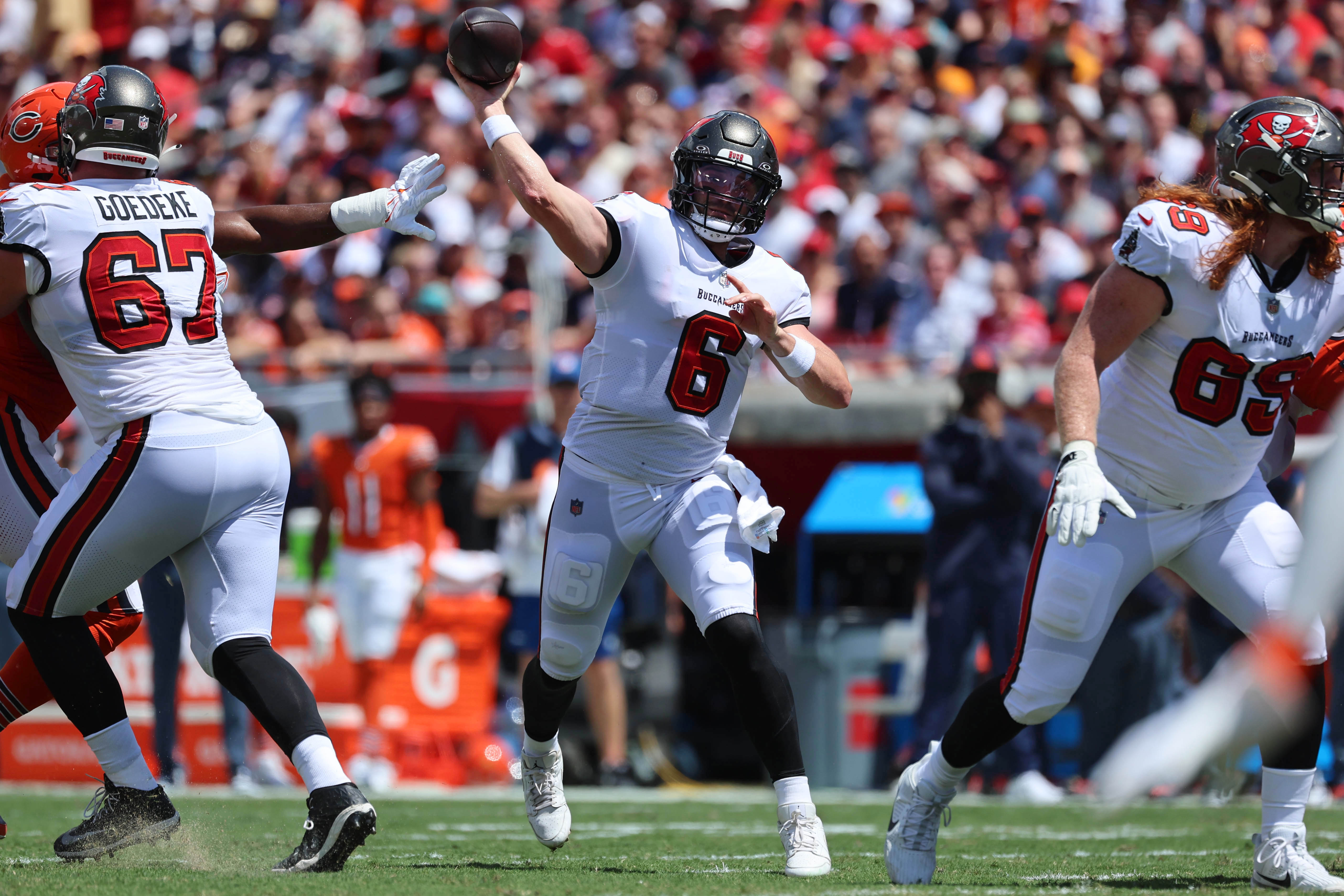 Tampa Bay Buccaneers quarterback Baker Mayfield (6) throws the ball against the Chicago Bears during the first quarter at Raymond James Stadium.