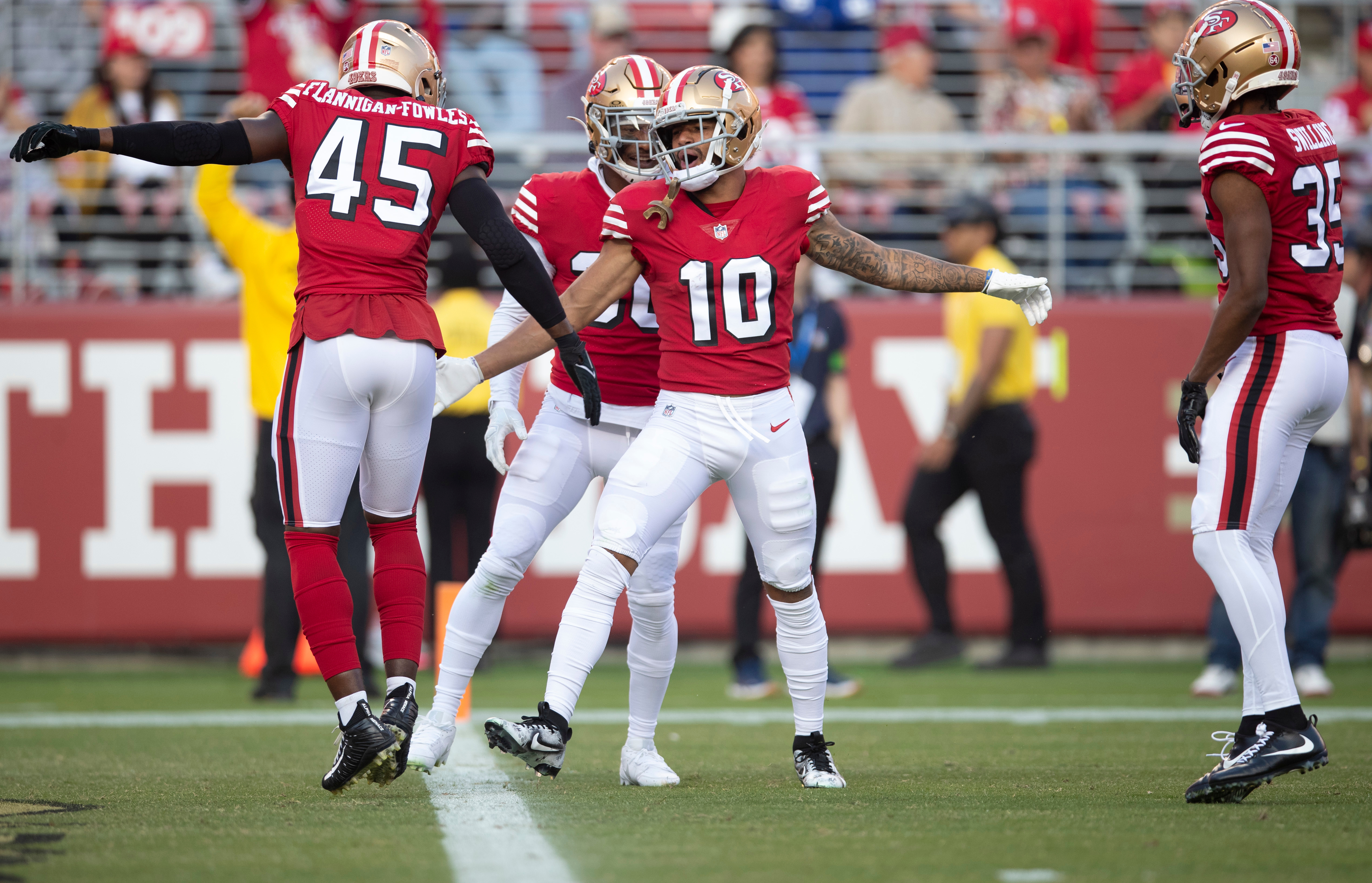 Ronnie Bell #10 of the San Francisco 49ers celebrates after making a 9-yard touchdown catch during the game against the New York Giants at Levi’s Stadium on September 21, 2023 in Santa Clara, California.