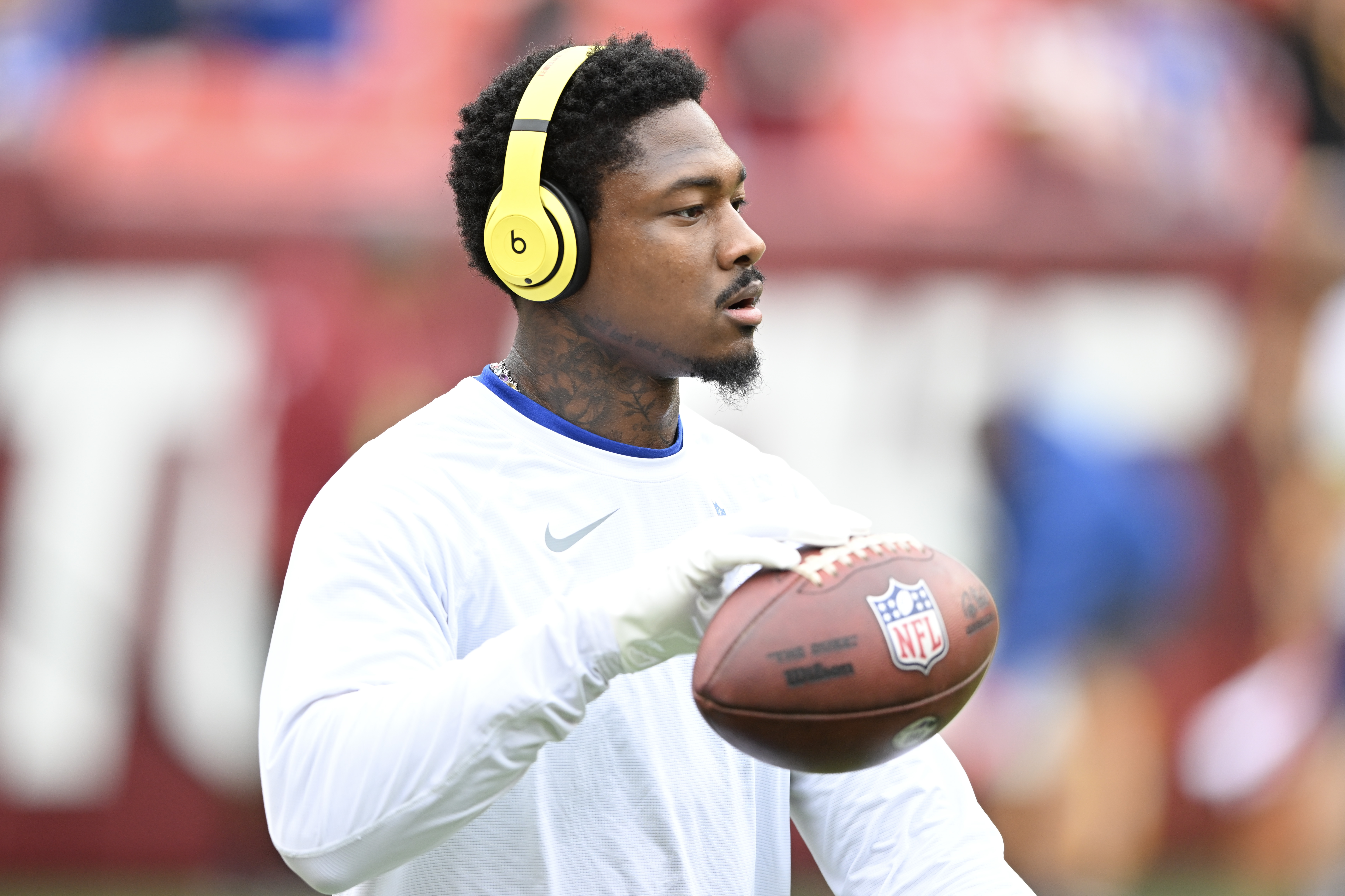 Stefon Diggs #14 of the Buffalo Bills warms upprior to the game against the Washington Commanders at FedExField on September 24, 2023 in Landover, Maryland.