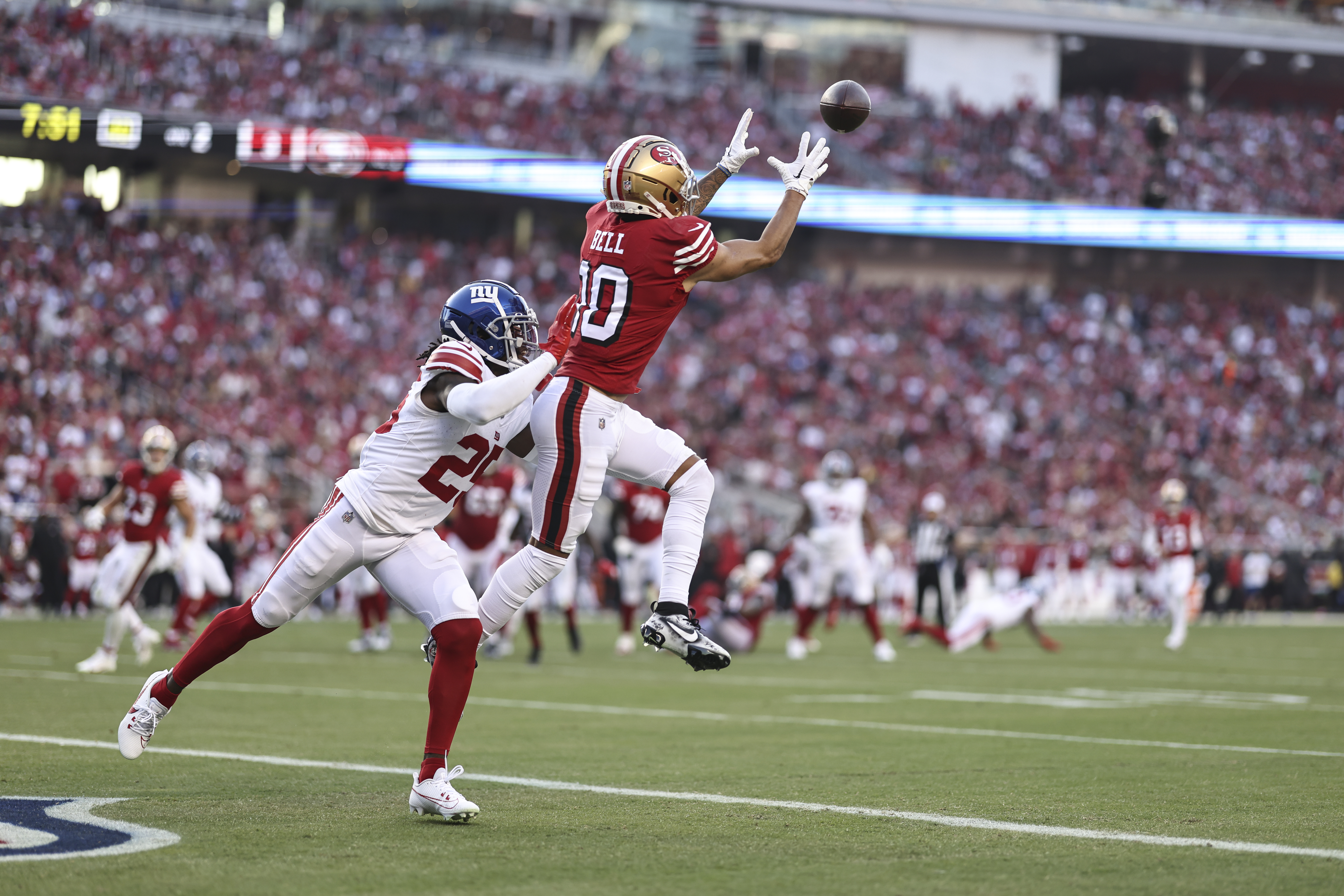 Ronnie Bell #10 of the San Francisco 49ers completes a pass for a touchdown against Deonte Banks #25 of the New York Giants during an NFL football game between the San Francisco 49ers and the New York Giants at Levi’s Stadium on September 21, 2023 in Santa Clara, California.