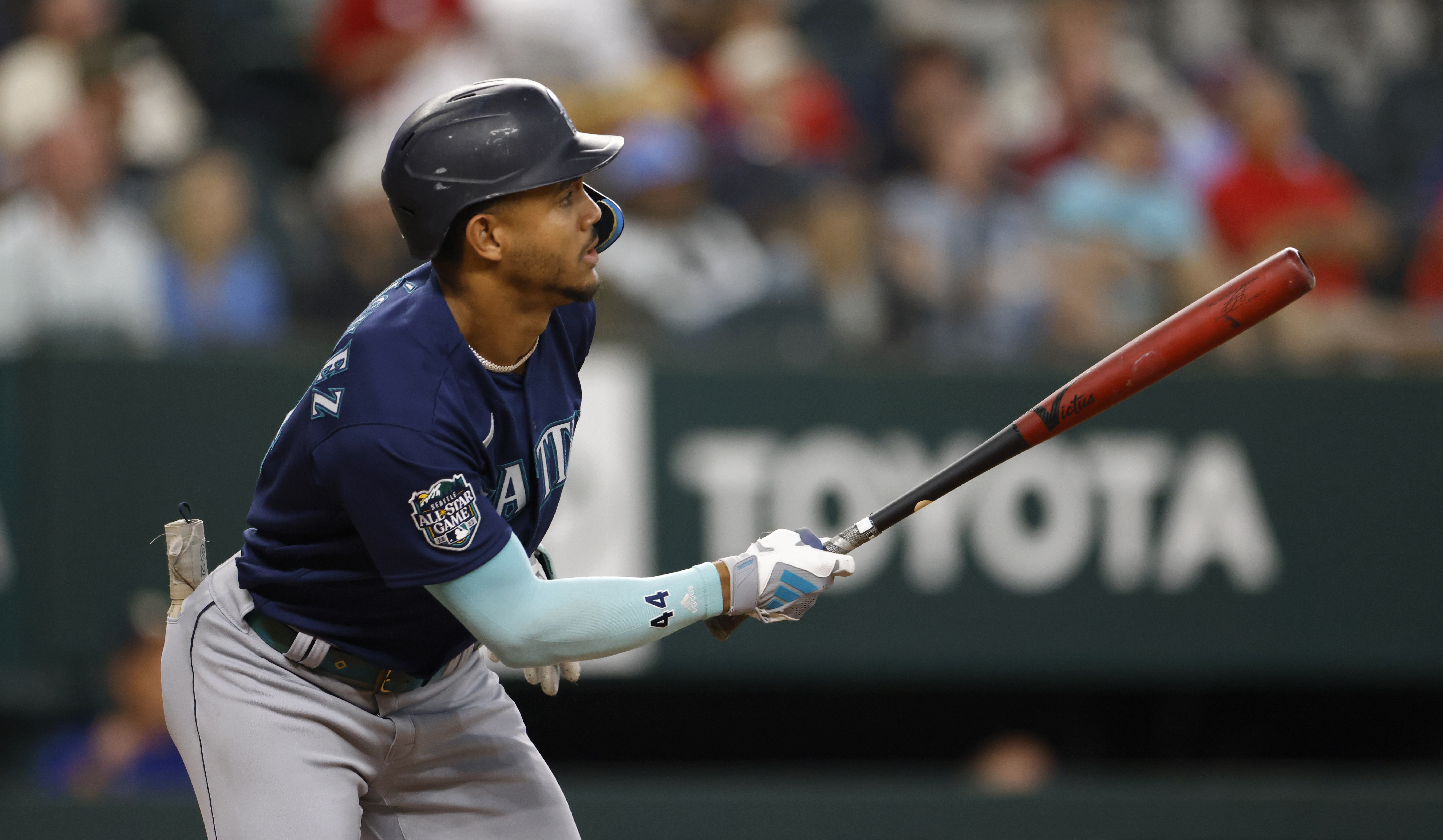 Julio Rodriguez of the Seattle Mariners doubles against the Texas Rangers during the first inning at Globe Life Field on September 23, 2023 in Arlington, Texas.