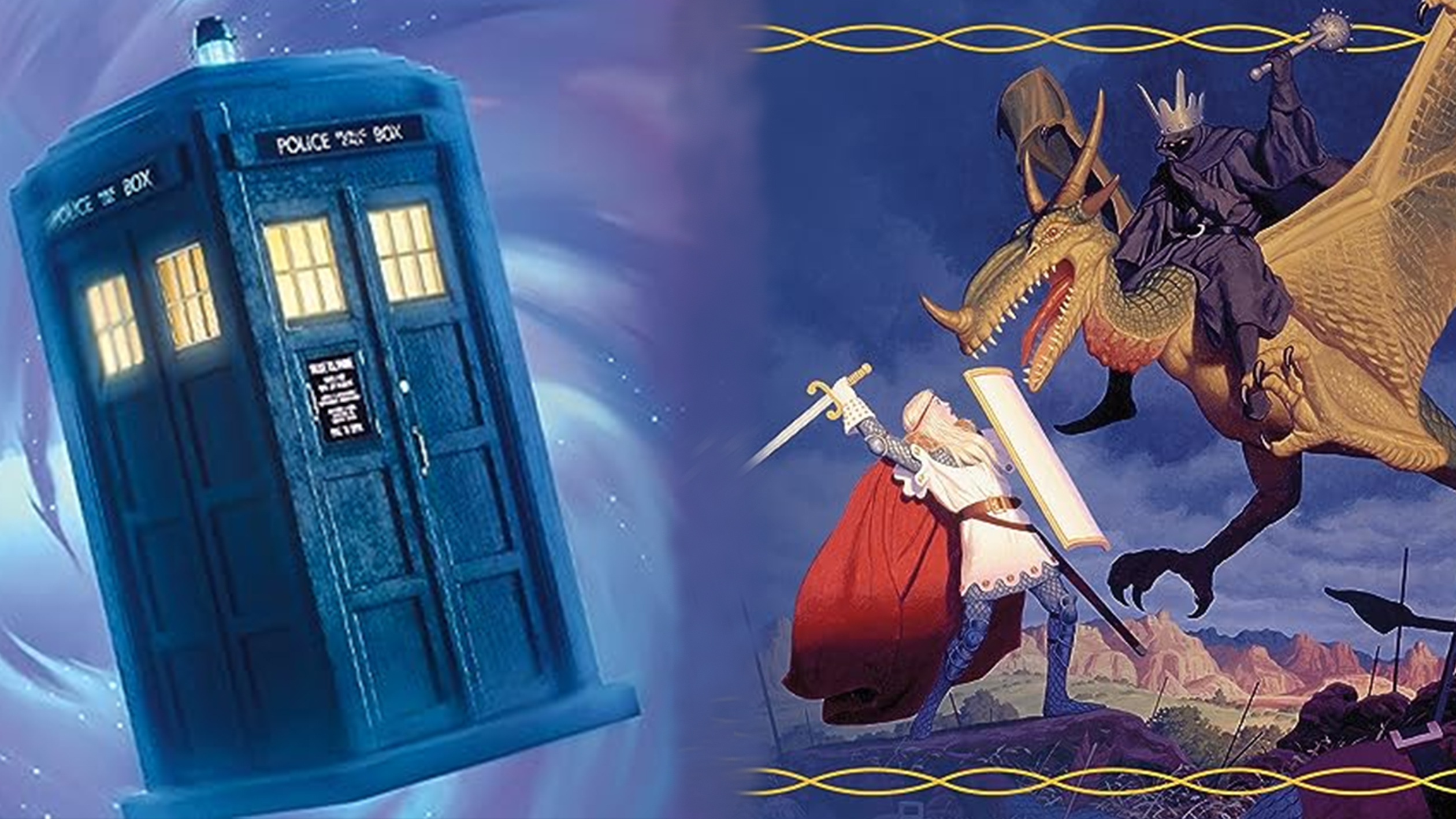 A composite image blending the key art for the Dr. Who and The Lord of the Rings Universes Beyond sets for Magic: The Gathering