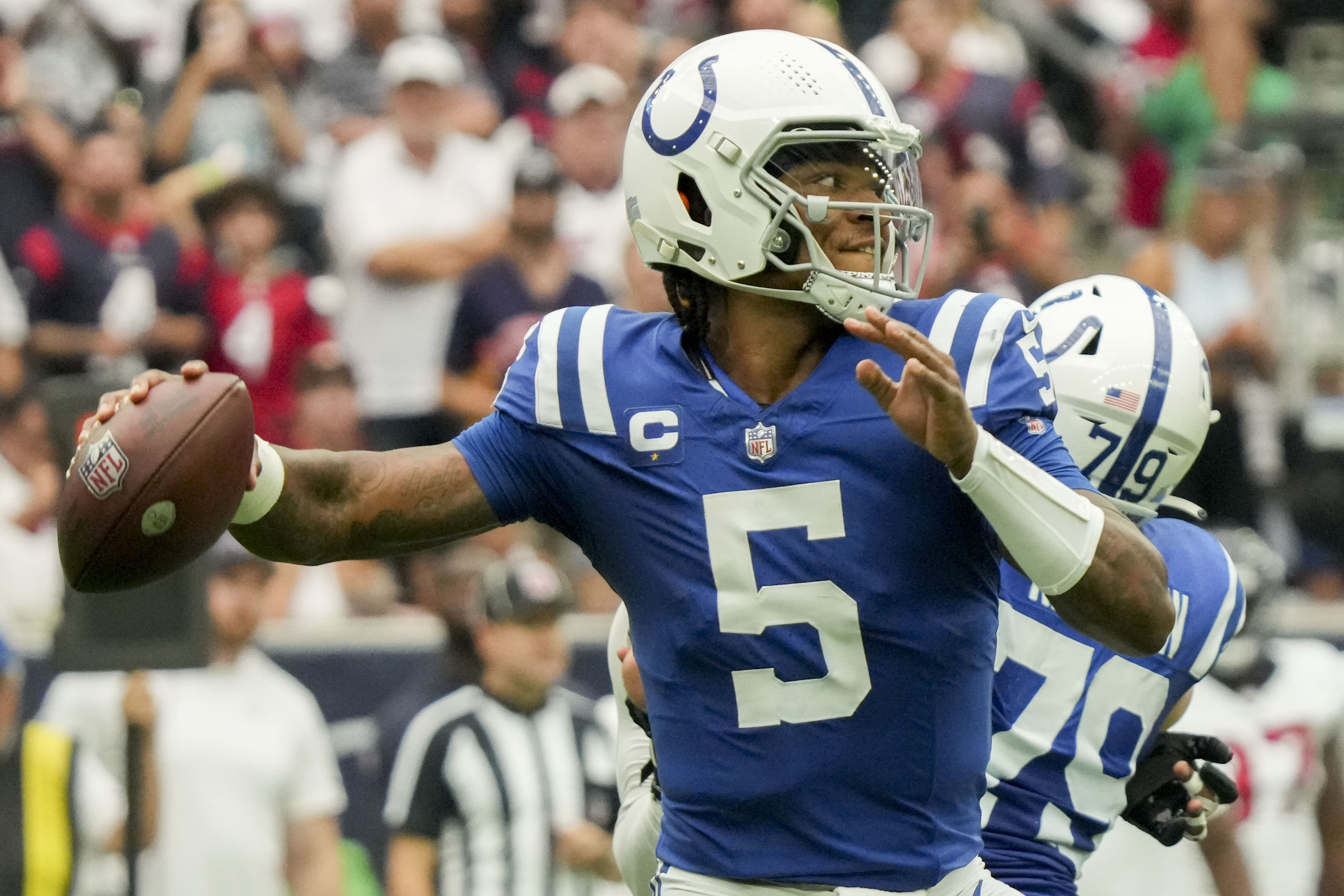 Indianapolis Colts quarterback Anthony Richardson (5) draws back to pass Sunday, Sept. 17, 2023, during a game against the Houston Texans at NRG Stadium.&nbsp;