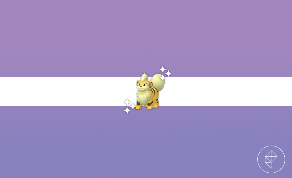 A shiny gold-tinted Growlithe in Pokémon Go on a purple gradient background.