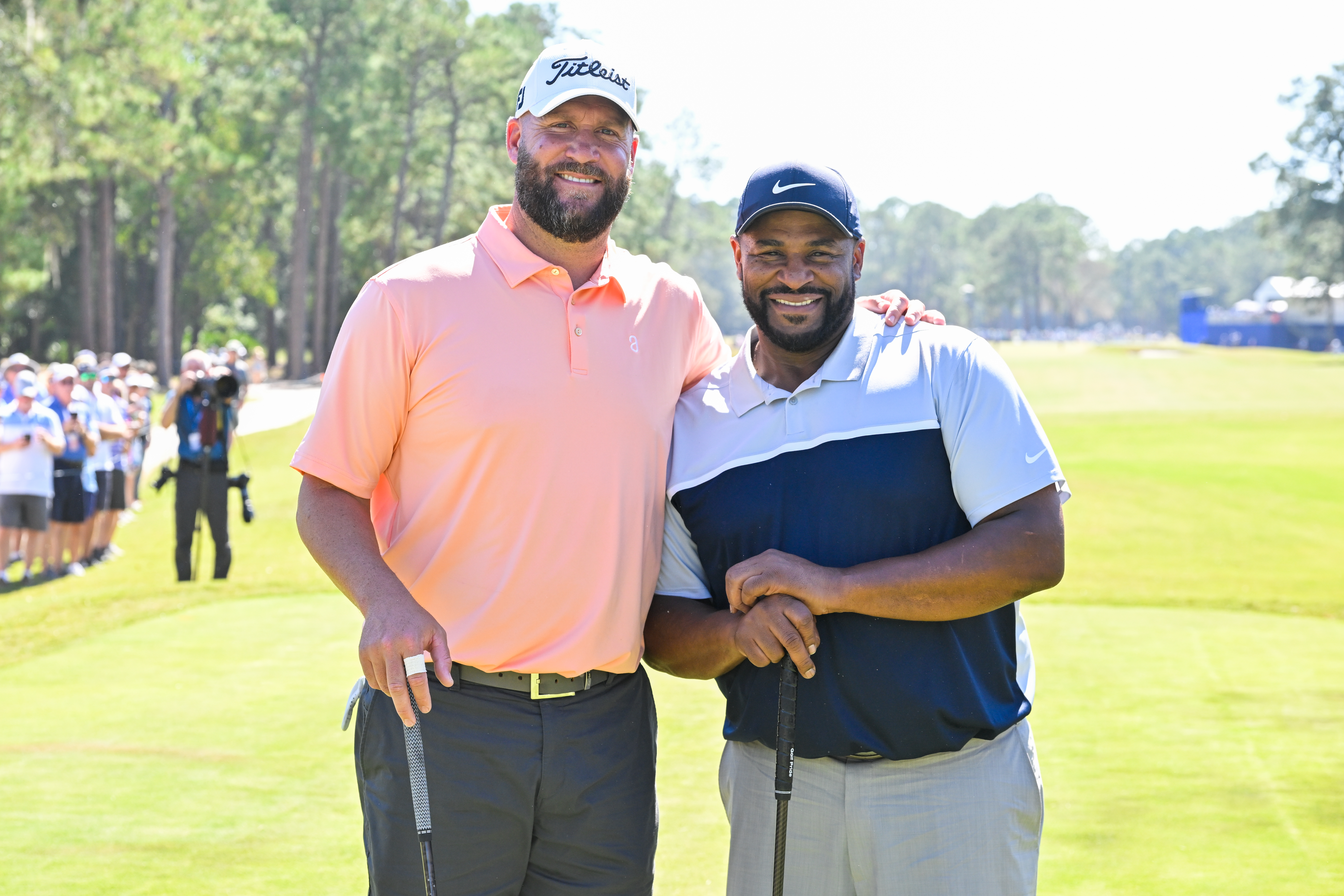 Ben Roethlisberger and Jerome Bettis stand together on the 10th tee box during the first round of the PGA TOUR Champions Constellation FURYK &amp; FRIENDS presented by Circle K at Timuquana Country Club on October 7, 2022 in Jacksonville, Florida.