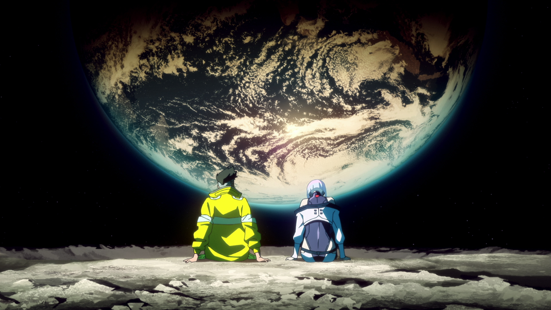 Two characters of Cyberpunk: Edgerunners sitting on the moon looking at the Earth rising