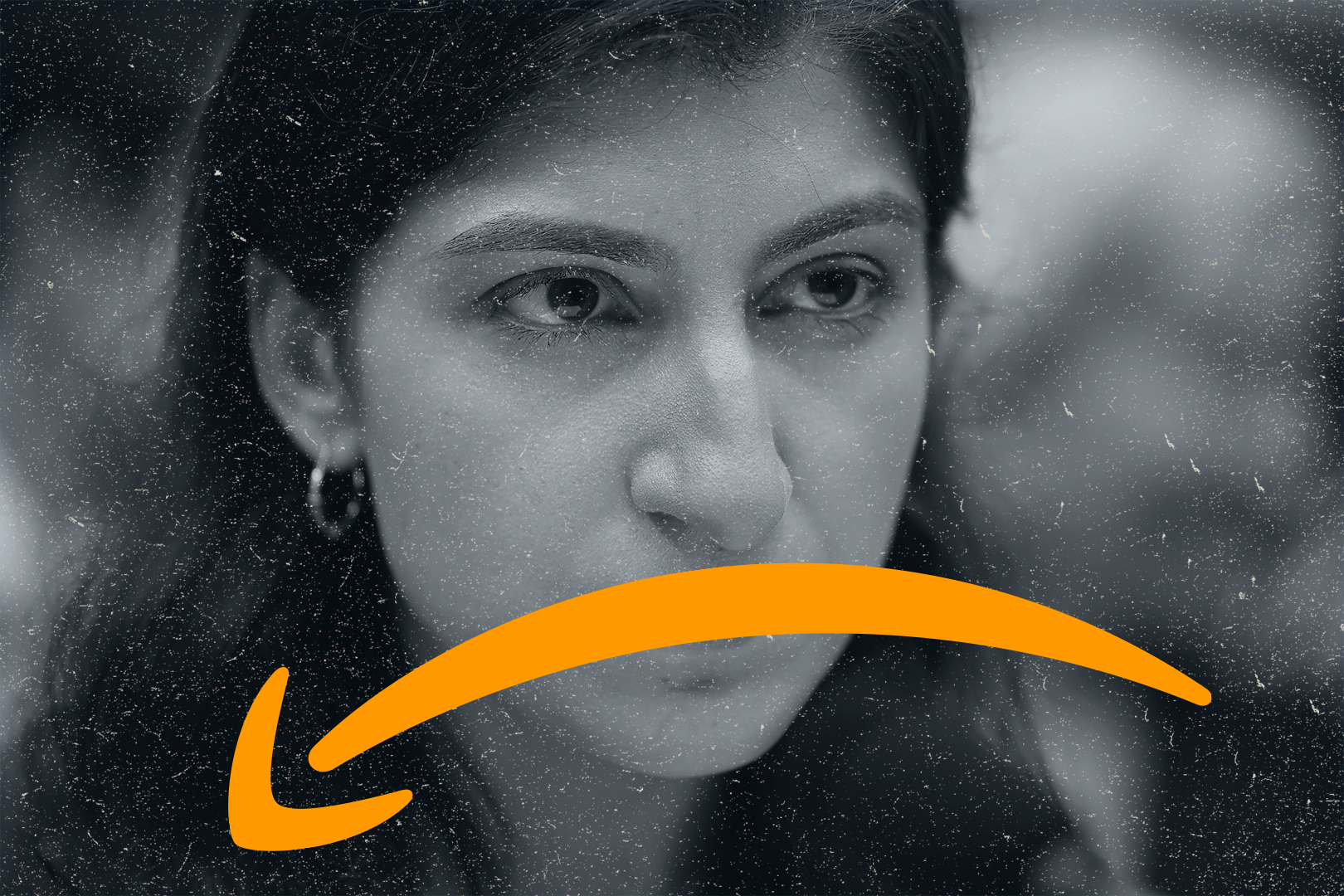 FTC chair Lina Khan with Amazon’s smile logo superimposed upside down over her mouth.