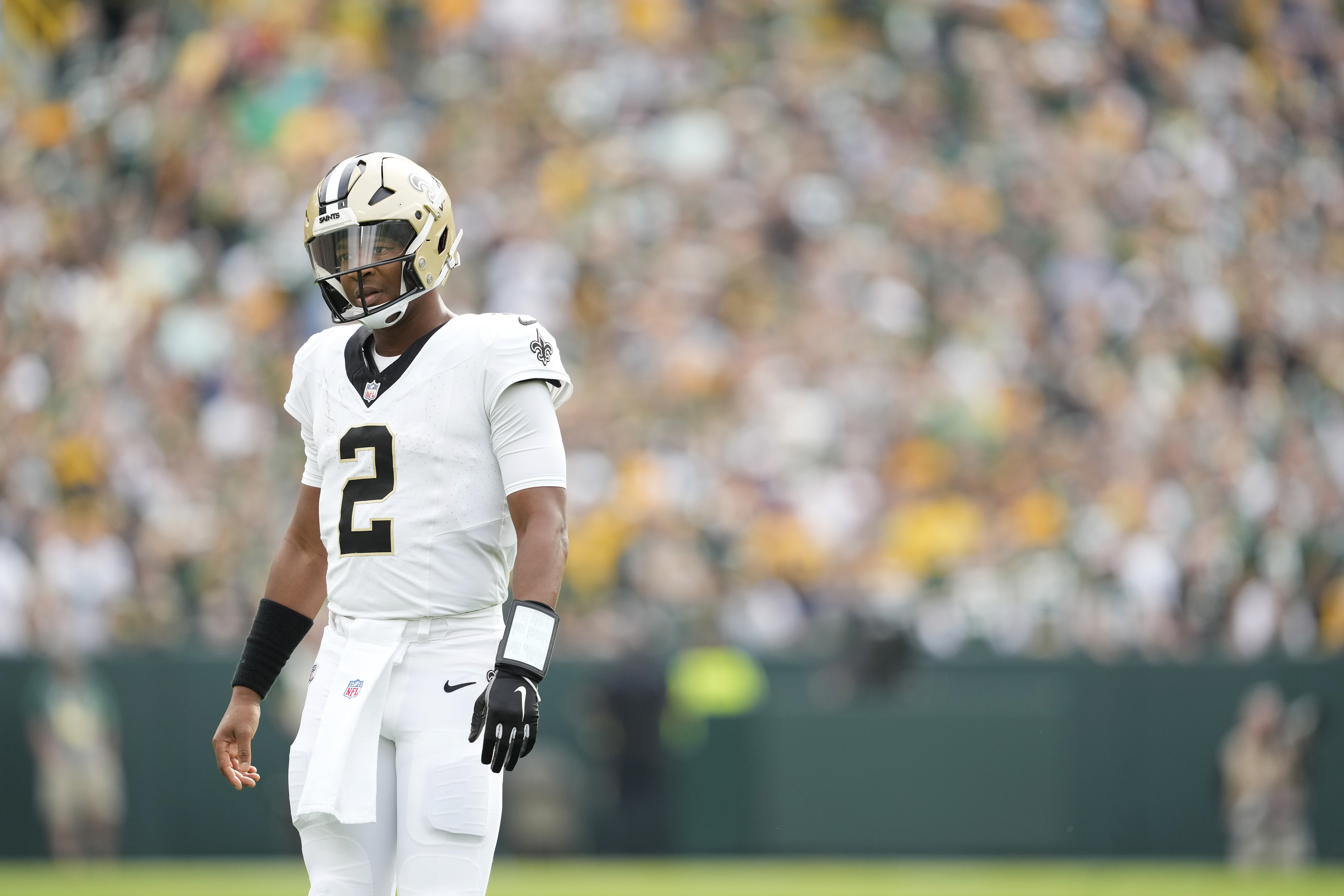 Jameis Winston #2 of the New Orleans Saints looks on in the second half against the Green Bay Packers at Lambeau Field on September 24, 2023 in Green Bay, Wisconsin.