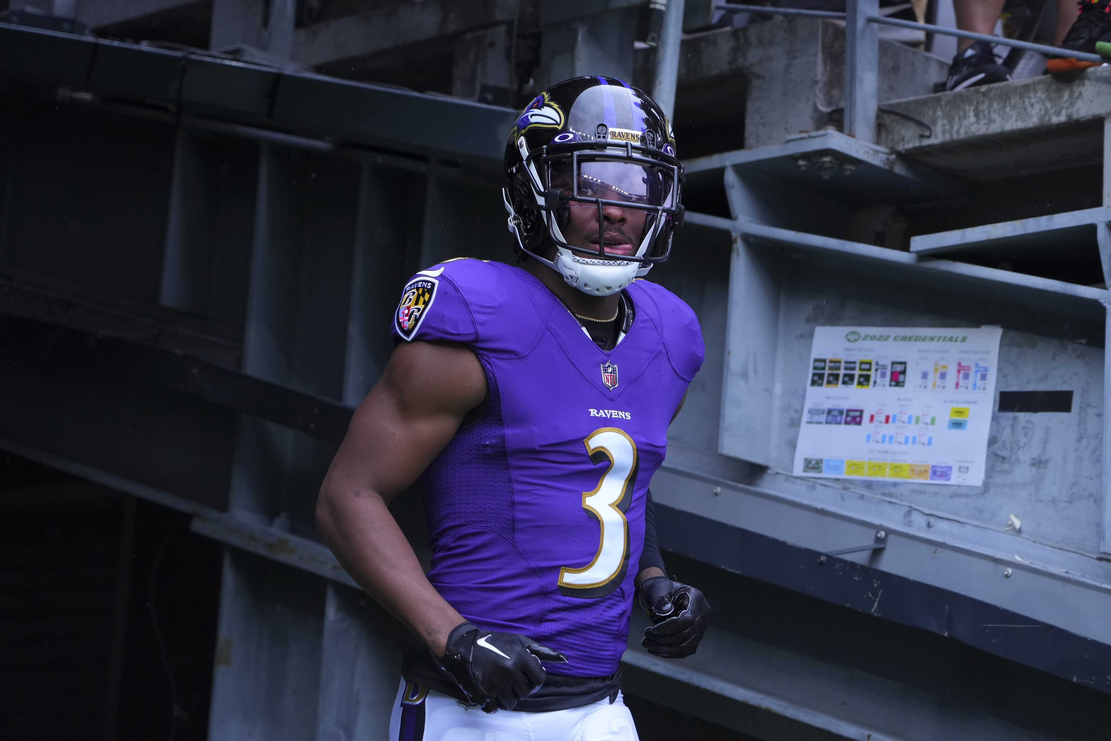 James Proche II #3 of the Baltimore Ravens makes his way onto the field prior to the game against the New York Jets at MetLife Stadium on September 11, 2022 in East Rutherford, New Jersey.