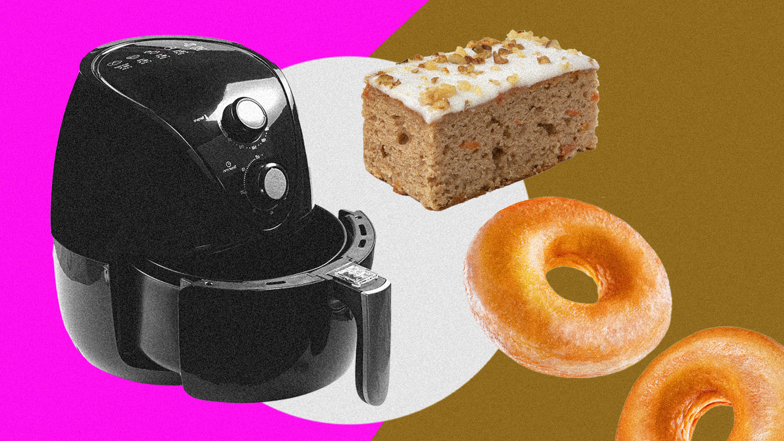 An air fryer next to some bagels and a loaf cake. Photo illustration.