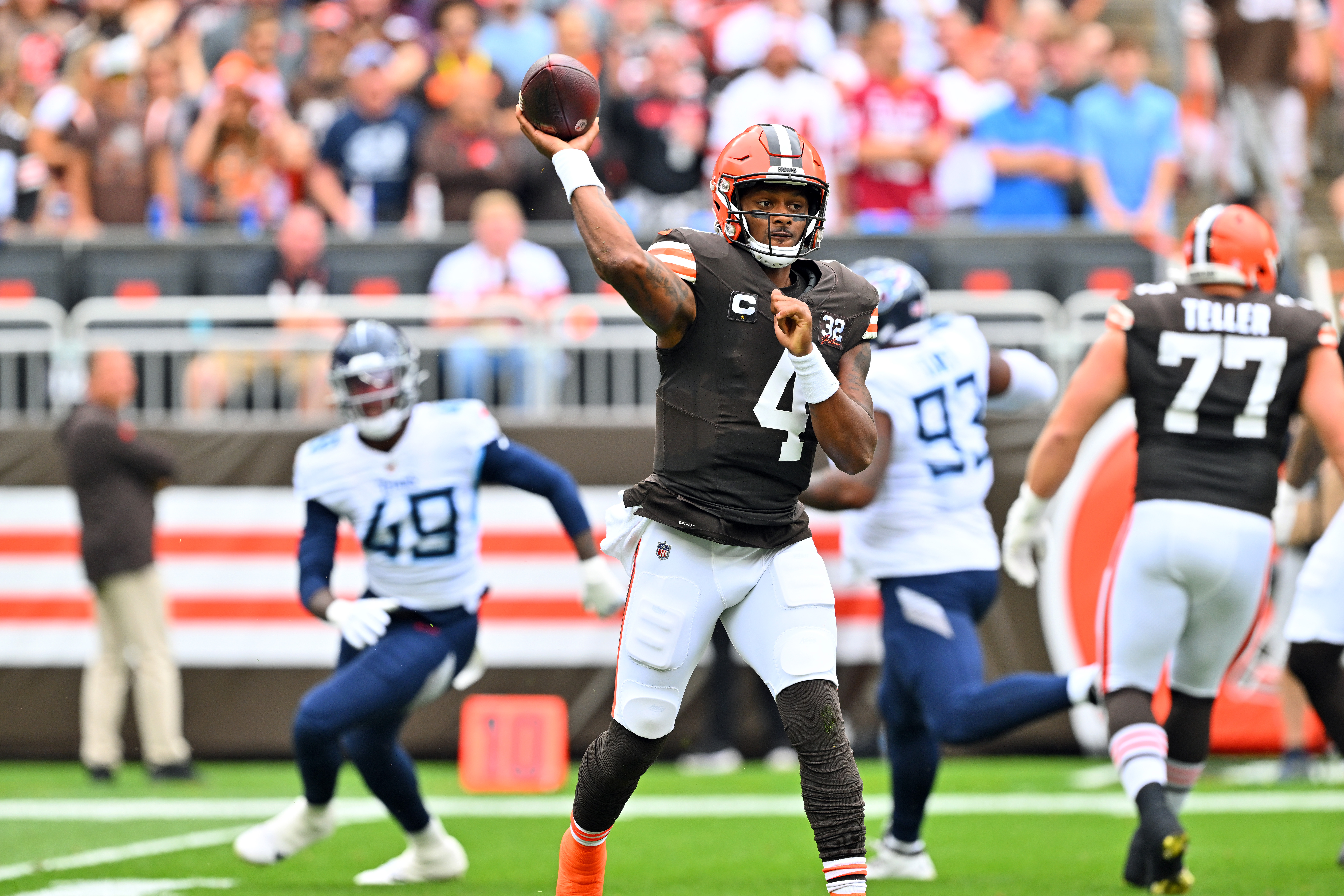 Quarterback Deshaun Watson #4 of the Cleveland Browns passes during the first quarter against the Tennessee Titans at Cleveland Browns Stadium on September 24, 2023 in Cleveland, Ohio. The Browns defeated the Titans 27-3.