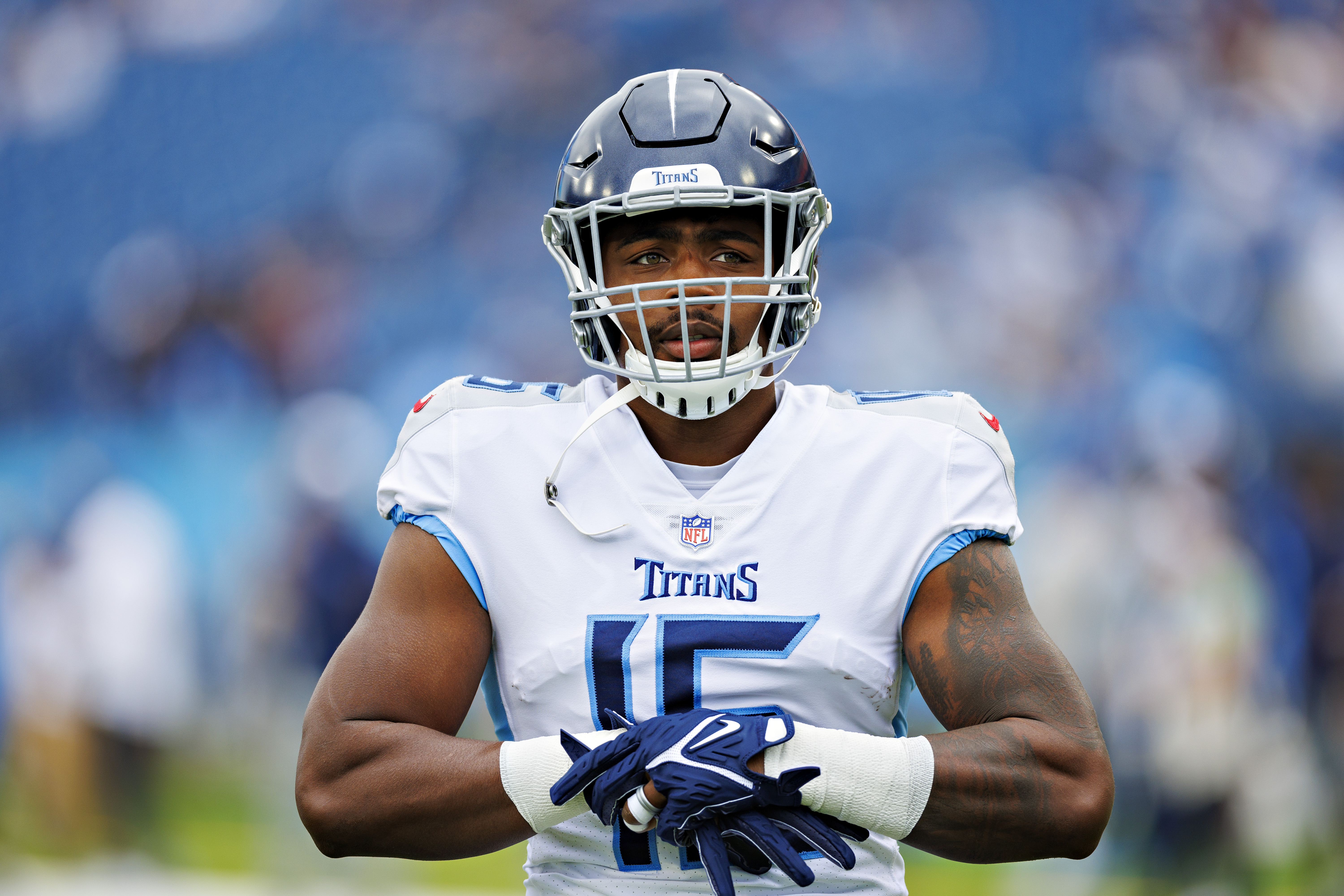 Treylon Burks #16 of the Tennessee Titans warms up before the game against the Los Angeles Chargers at Nissan Stadium on September 17, 2023 in Nashville, Tennessee. The Titans defeated the Chargers 27-24.
