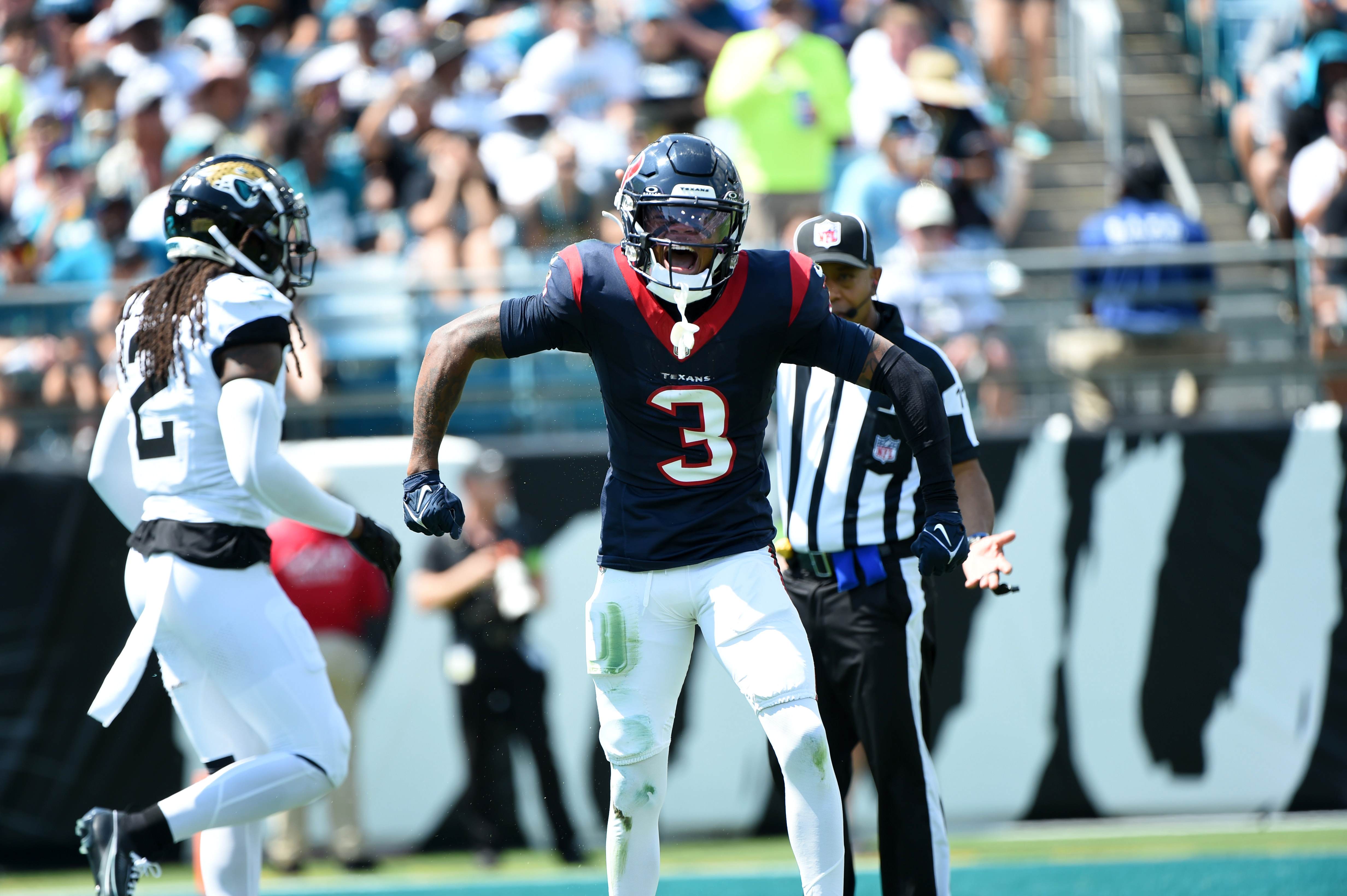 Houston Texans WR Tank Dell celebrates a catch during the game between the Houston Texans and the Jacksonville Jaguars on September 24, 2023 at EverBank Stadium in Jacksonville, Fl.