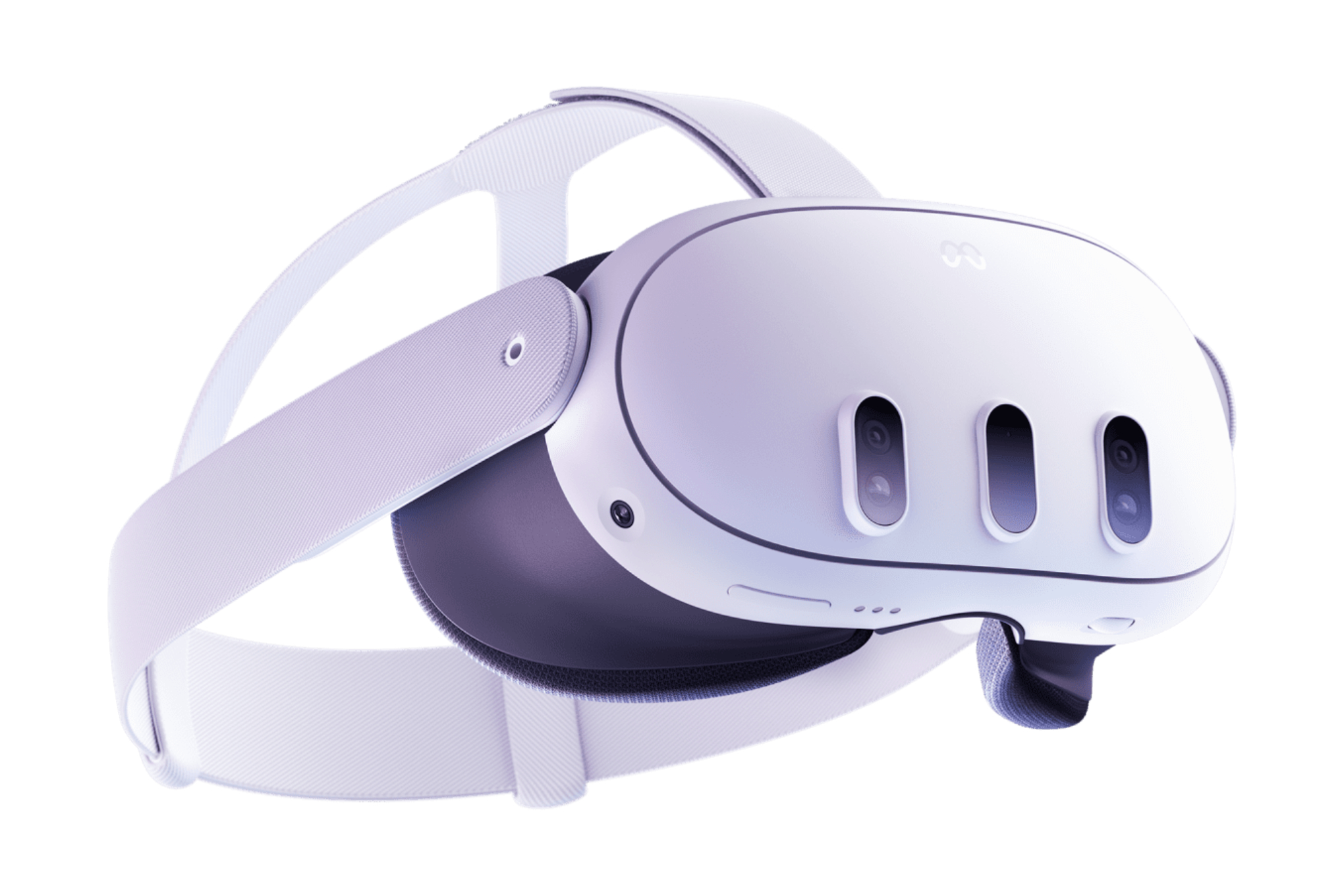 A Meta Quest 3 mixed reality headset is pictured, with its front, side, and bottom revealed. 