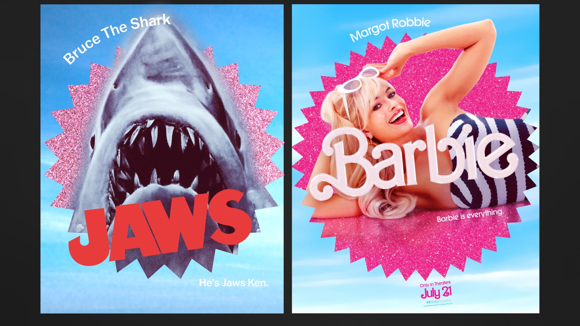 Side by side movie posters of Jaws (right) and Barbie (left). The Barbie poster features a photo of Margot Robbie dressed as a barbie in a retro blue and white striped swimsuit. The Jaws poster is stylized to match the Barbie poster, with a sparkly pink and blue backdrop and the words “Bruce The Shark” lettered across the top. 