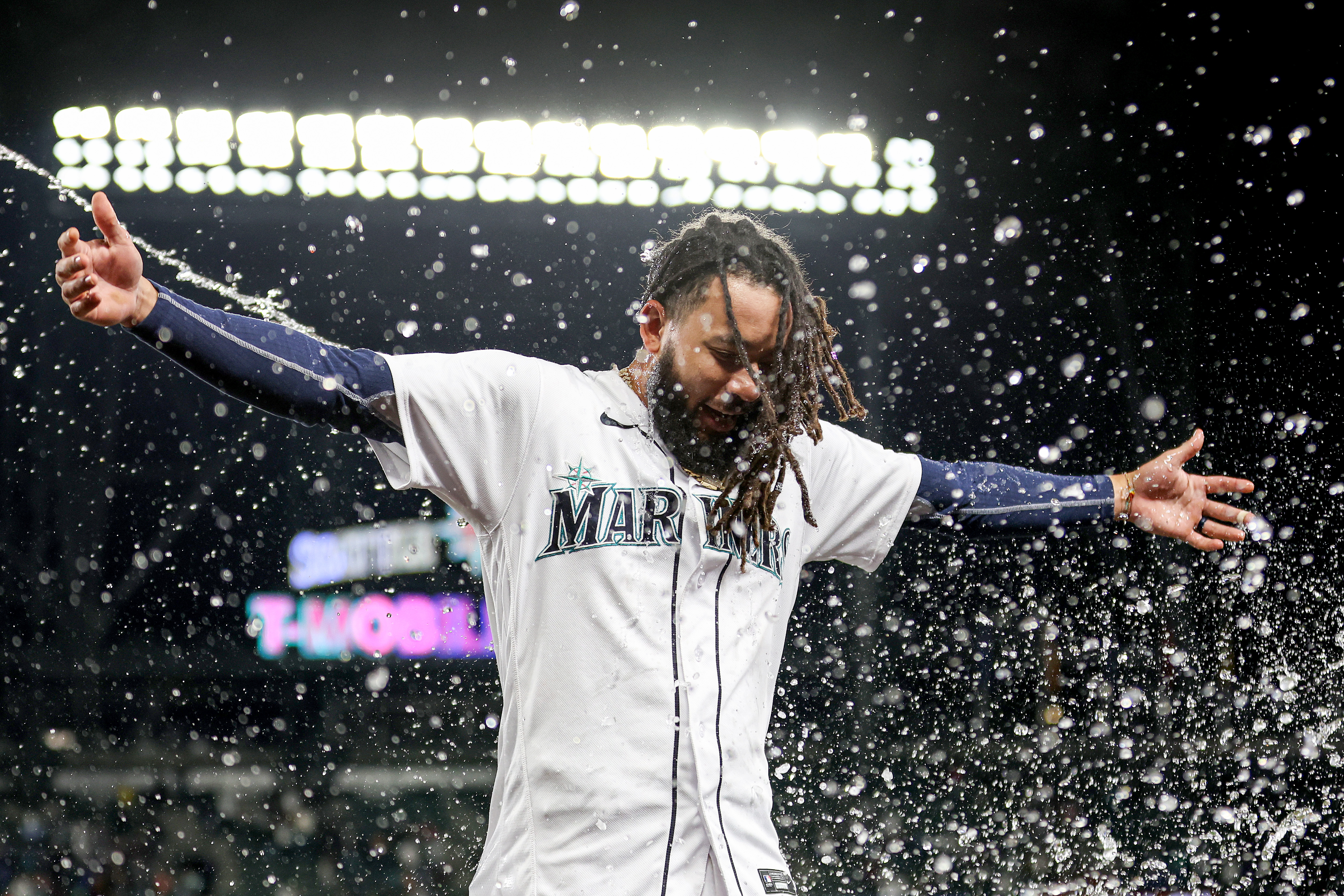 J.P. Crawford of the Seattle Mariners celebrates his walk-off double against the Texas Rangers to win 3-2 at T-Mobile Park on September 28, 2023 in Seattle, Washington.