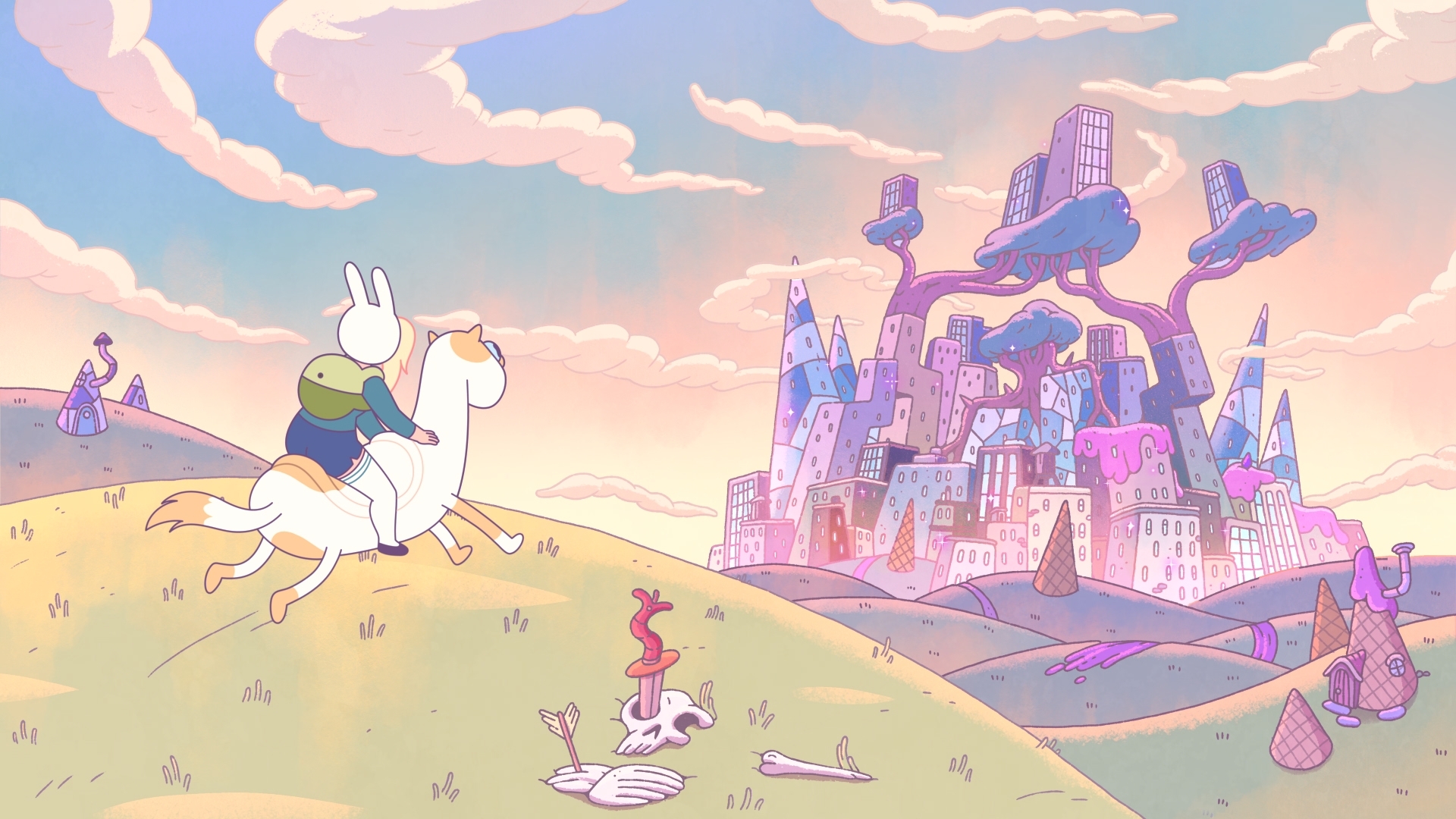 Fionna and Cake (stretched into a horse-like shape) gallop across the plains toward a pink city in Fionna and Cake.