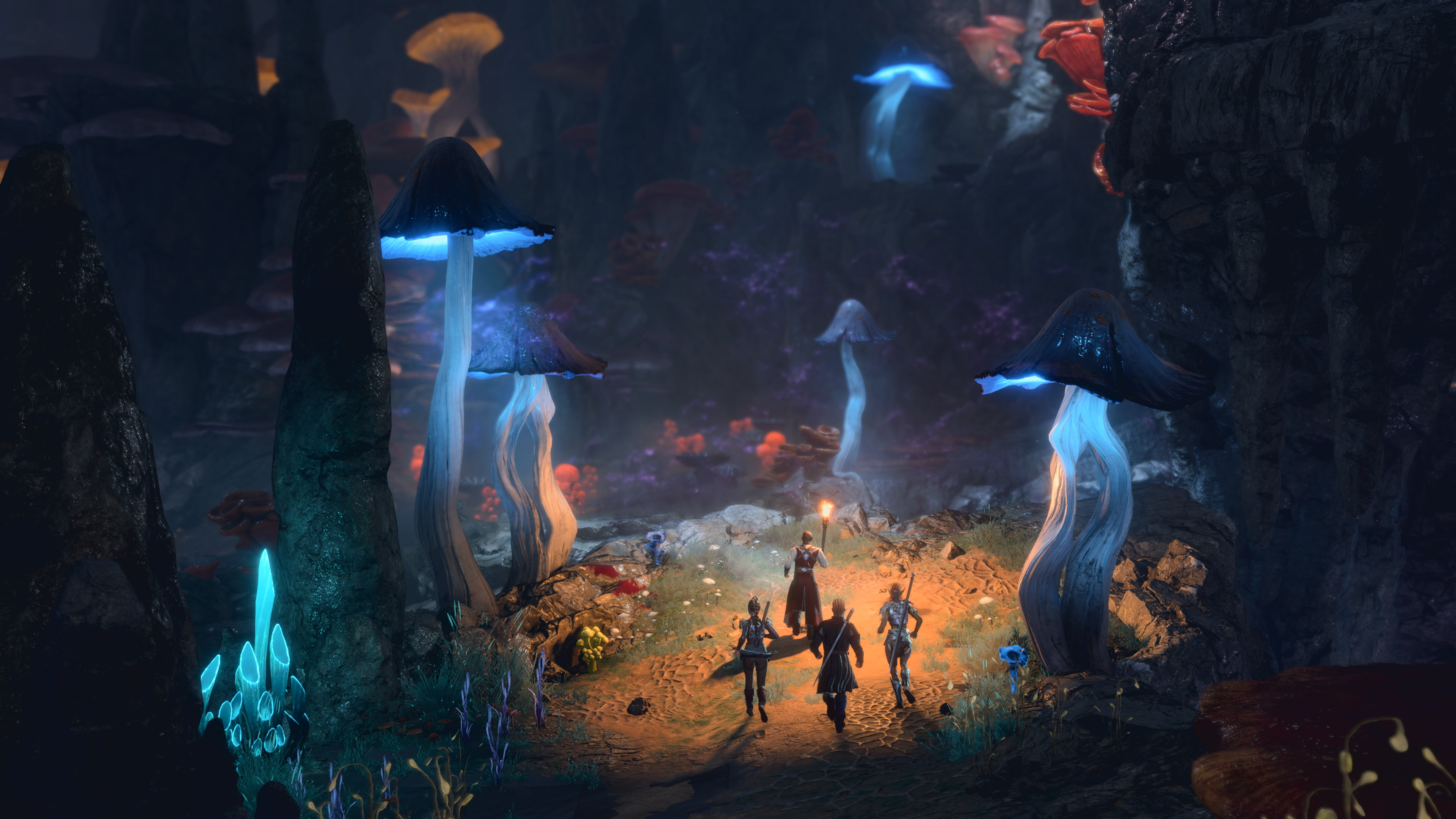 Four Baldur’s Gate 3 characters walk through an area illuminated by oversized blue luminescent mushrooms