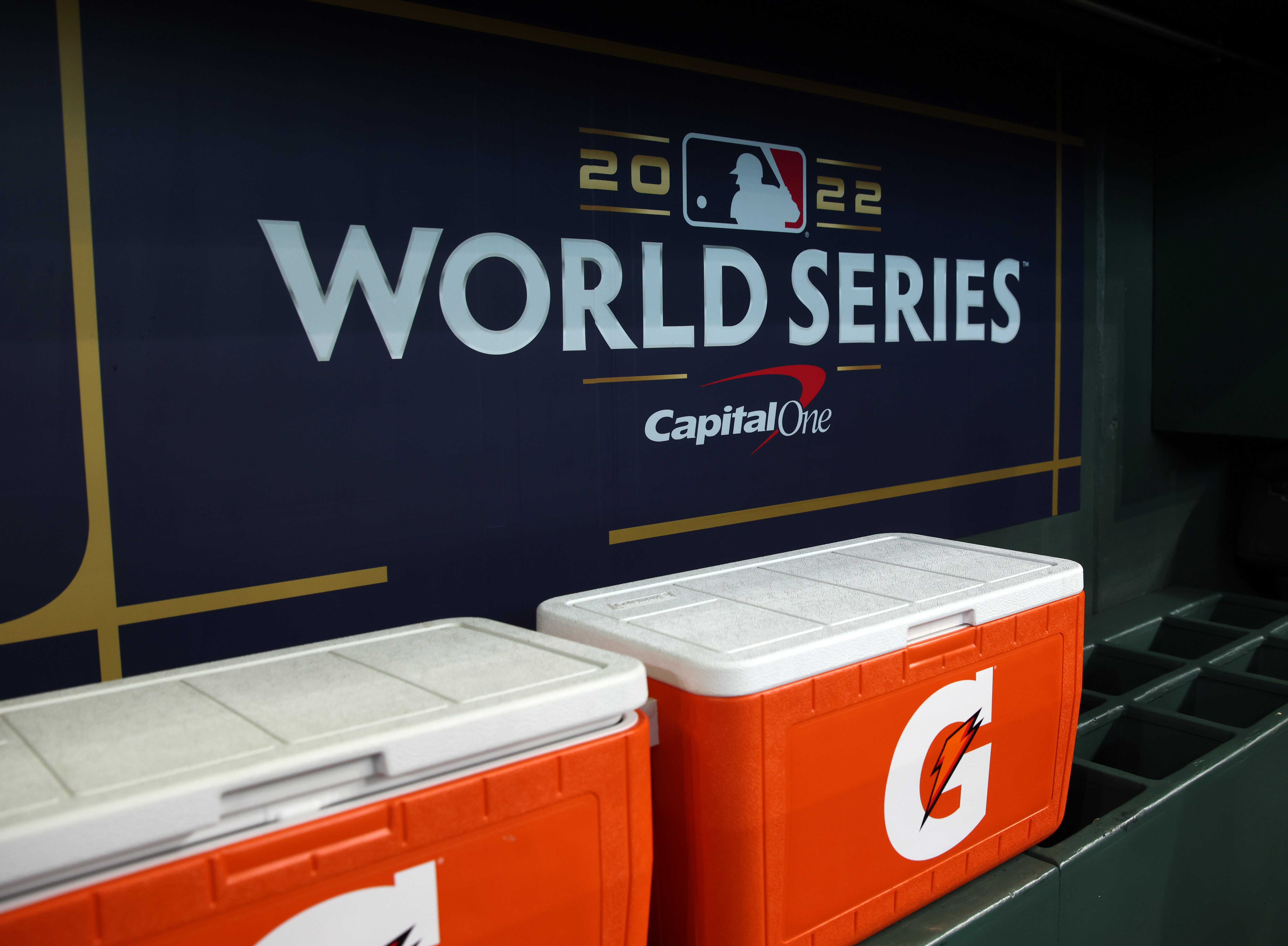 A detail shot of the World Series logo in the back of the dugout before Game 1 of the 2022 World Series between the Philadelphia Phillies and the Houston Astros at Minute Maid Park on Friday, October 28, 2022 in Houston, Texas.