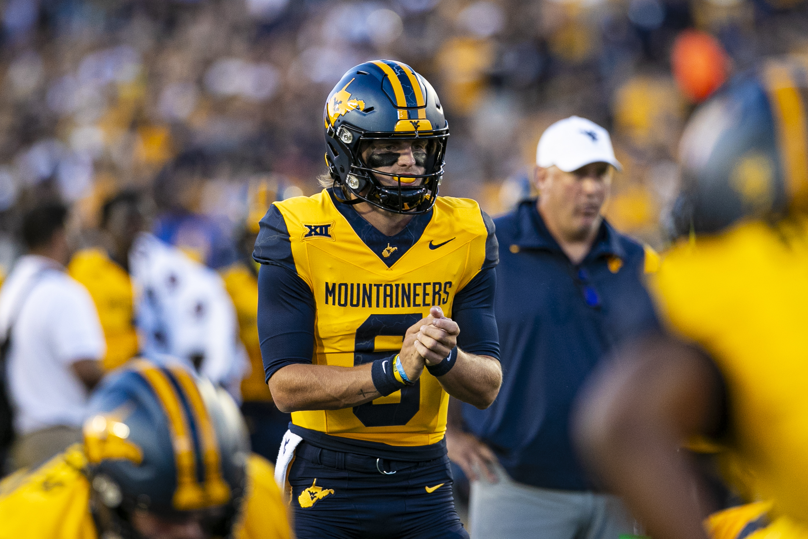 West Virginia Mountaineers quarterback Garrett Greene looks on during the college football game between the Pittsburgh Panthers and the West Virginia Mountaineers on September 16, 2023 at Mountaineer Field at Milan Puskar Stadium in Morgantown, WV.