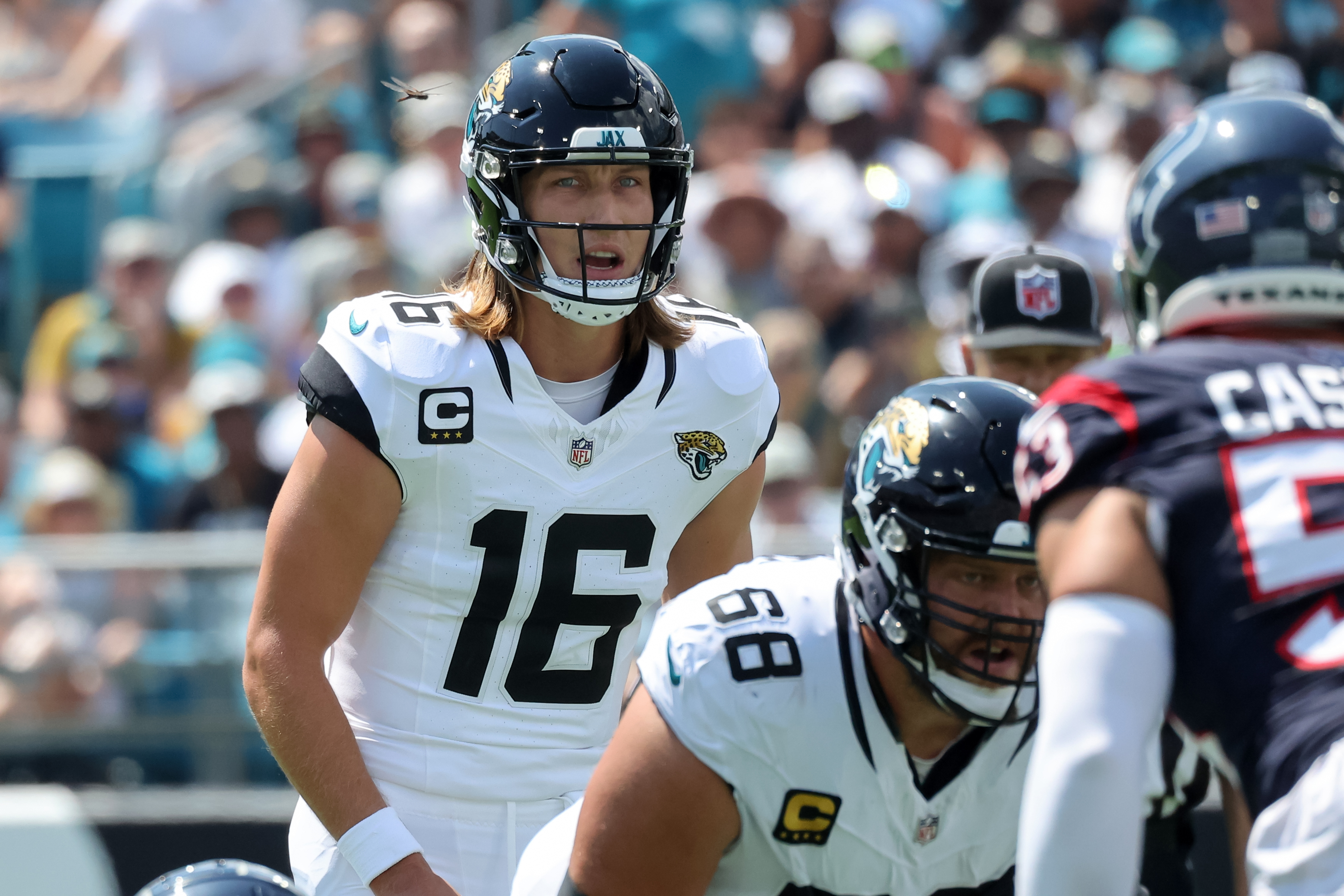 Trevor Lawrence #16 of the Jacksonville Jaguars waits for a snap against the Houston Texans at EverBank Field on September 24, 2023 in Jacksonville, Florida.