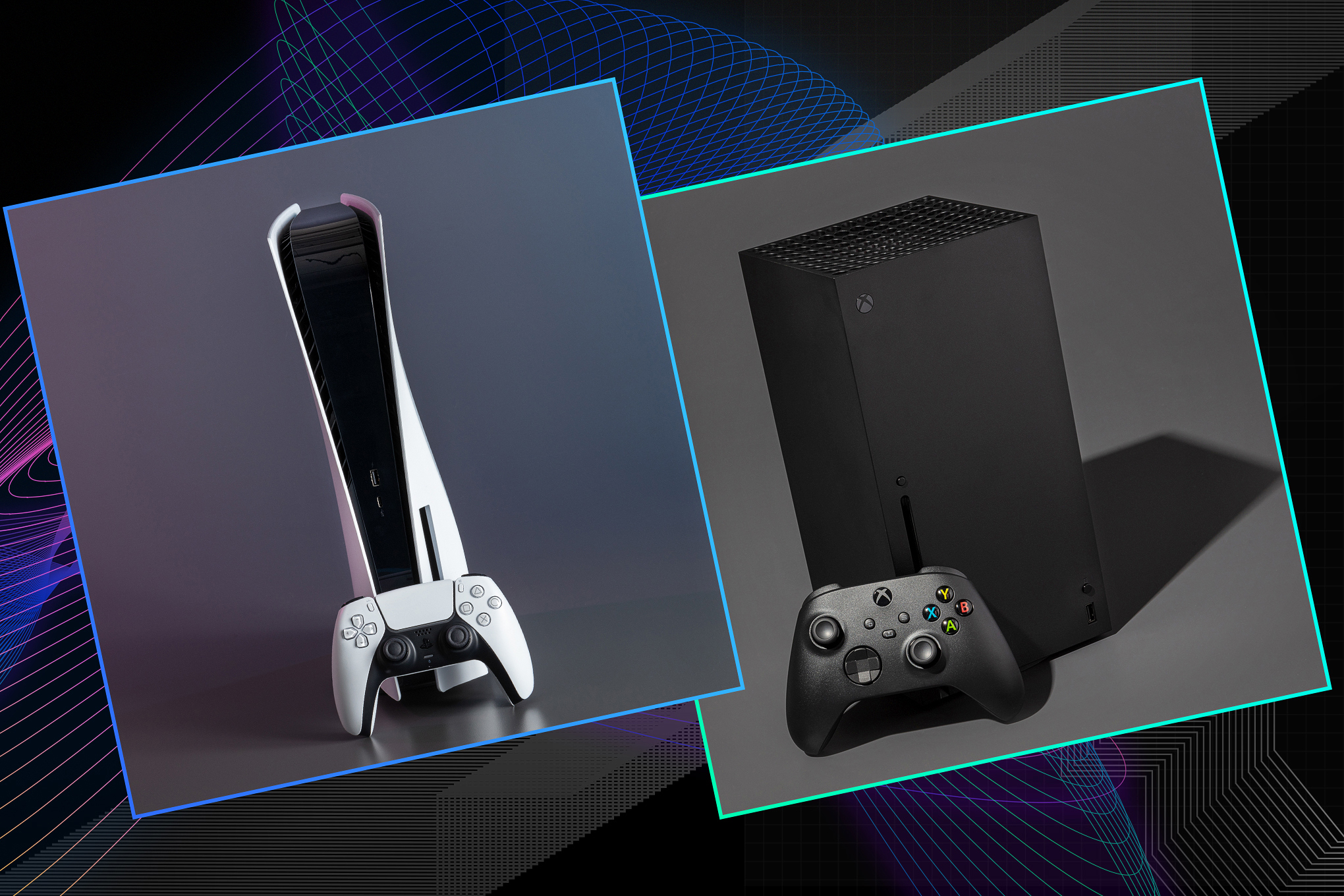 Graphic featuring the PS5 and Xbox Series X consoles